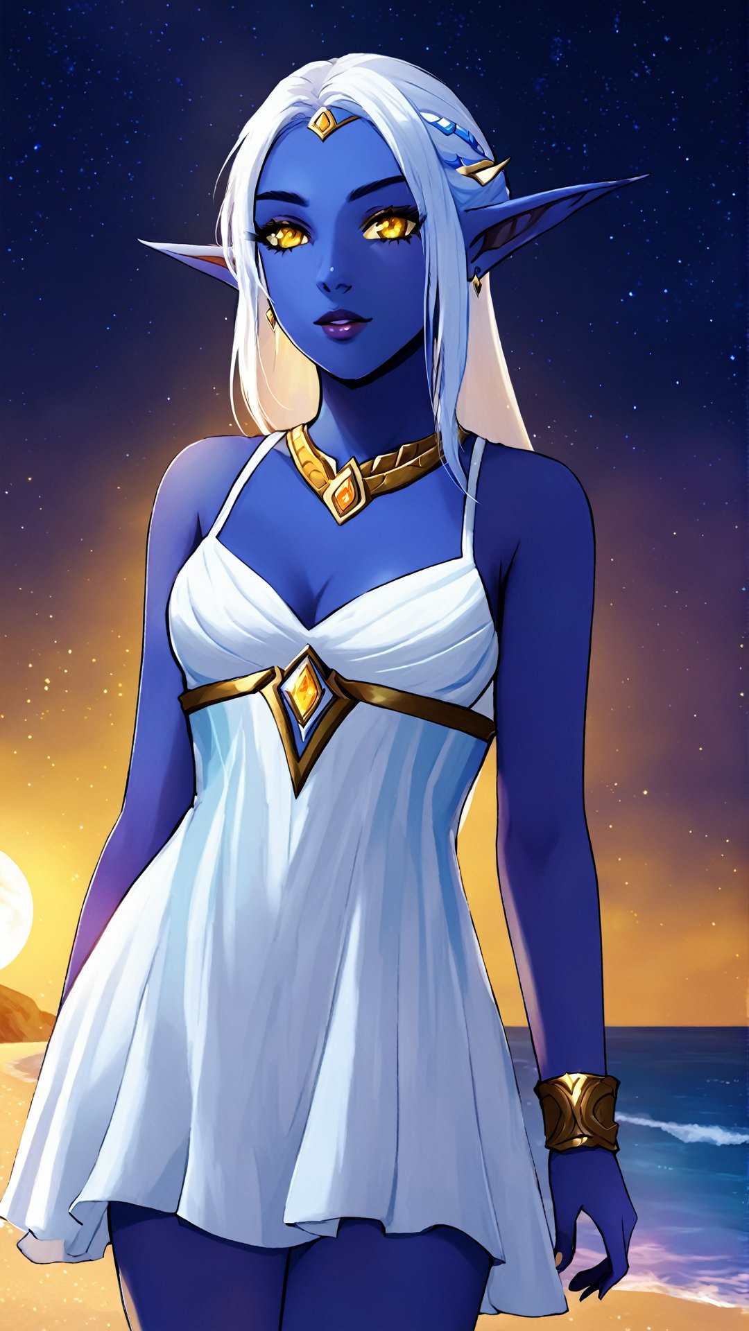 



elfazshara, night elf, colored_skin, blue skin, yellow eyes, white hair, jewelry, (white very short summer dress:1.3)