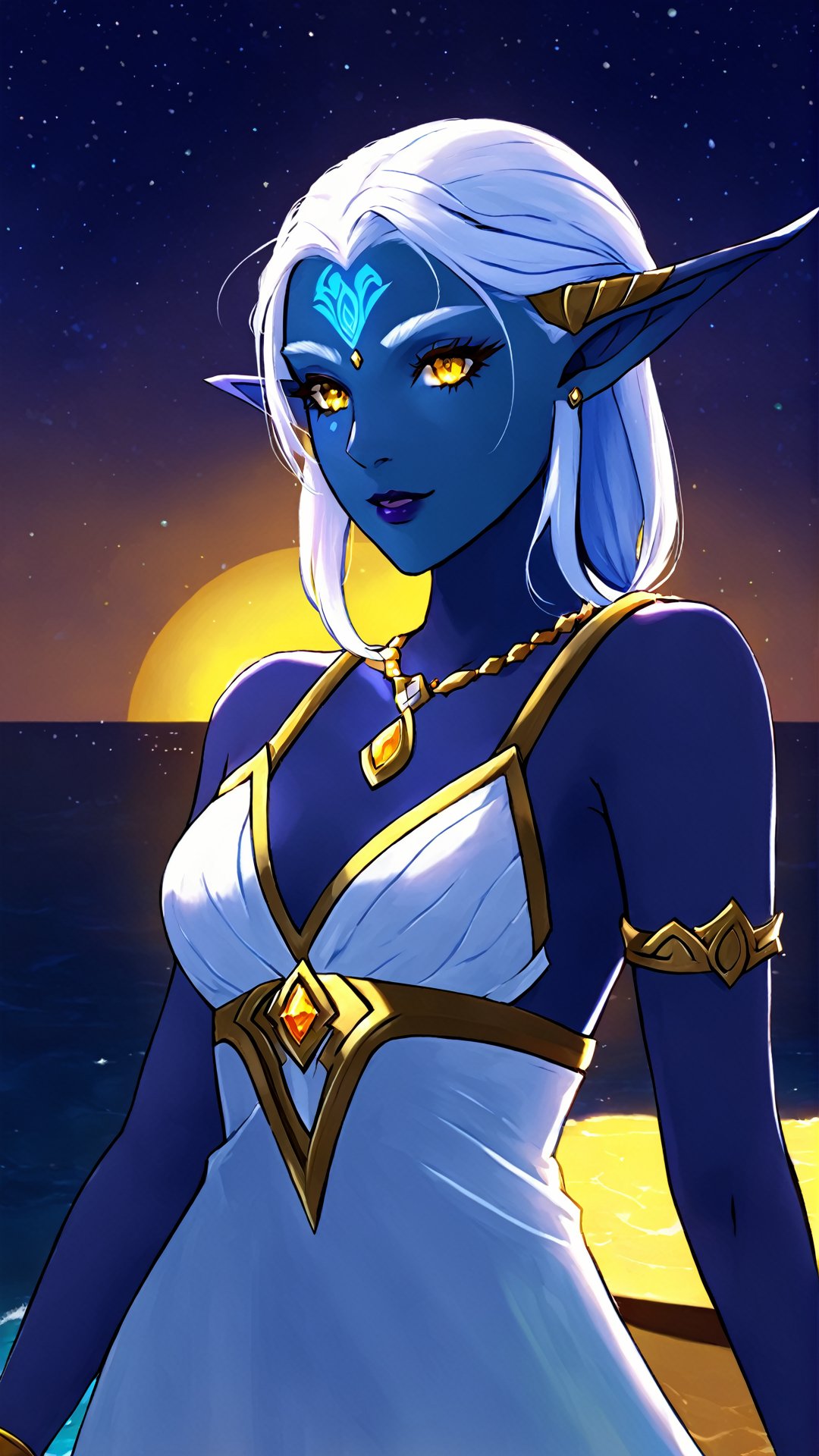 



elfazshara, night elf, colored_skin, blue skin, yellow eyes, white hair, jewelry, (white very short summer dress:1.3)