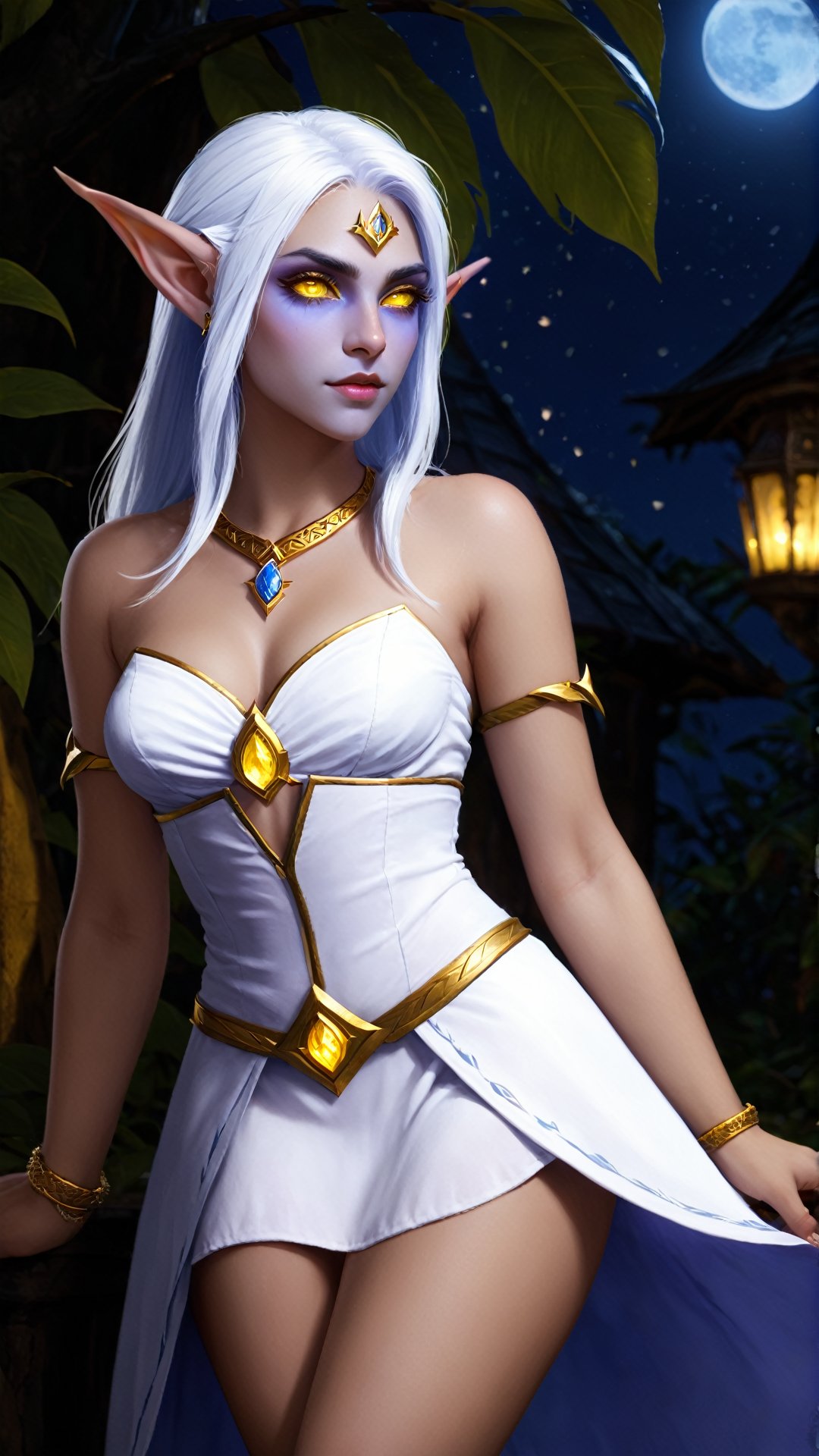 



elfazshara, night elf, colored_skin, blue skin, yellow eyes, white hair, jewelry, (white very short summer dress:1.3)