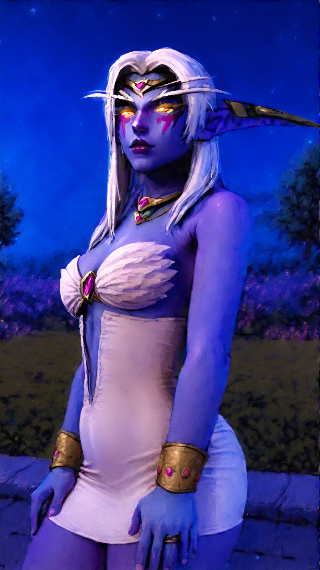 



elfazshara, night elf, colored_skin, blue skin, yellow eyes, white hair, jewelry, (white very short summer dress:1.3)