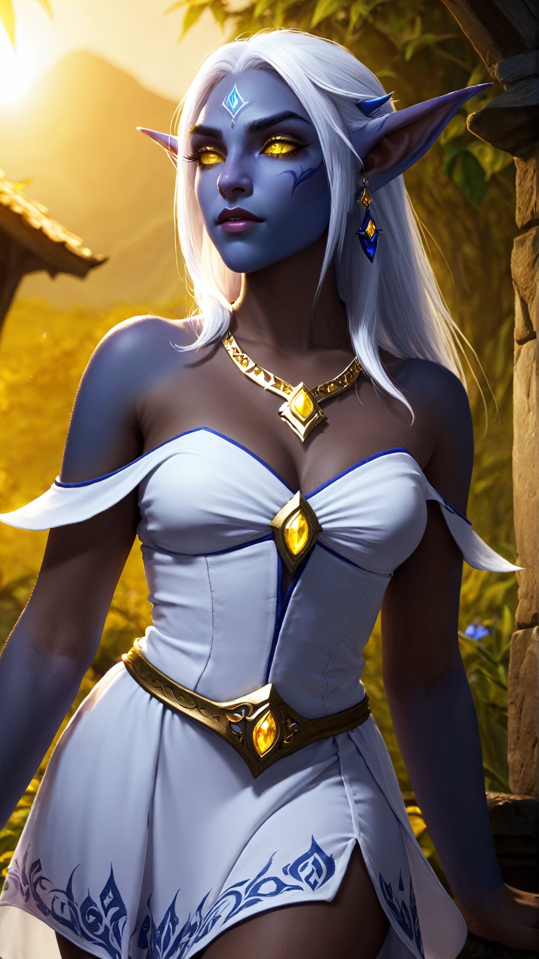 



elfazshara, night elf, colored_skin, blue skin, yellow eyes, white hair, jewelry, (white very short summer dress:1.3)