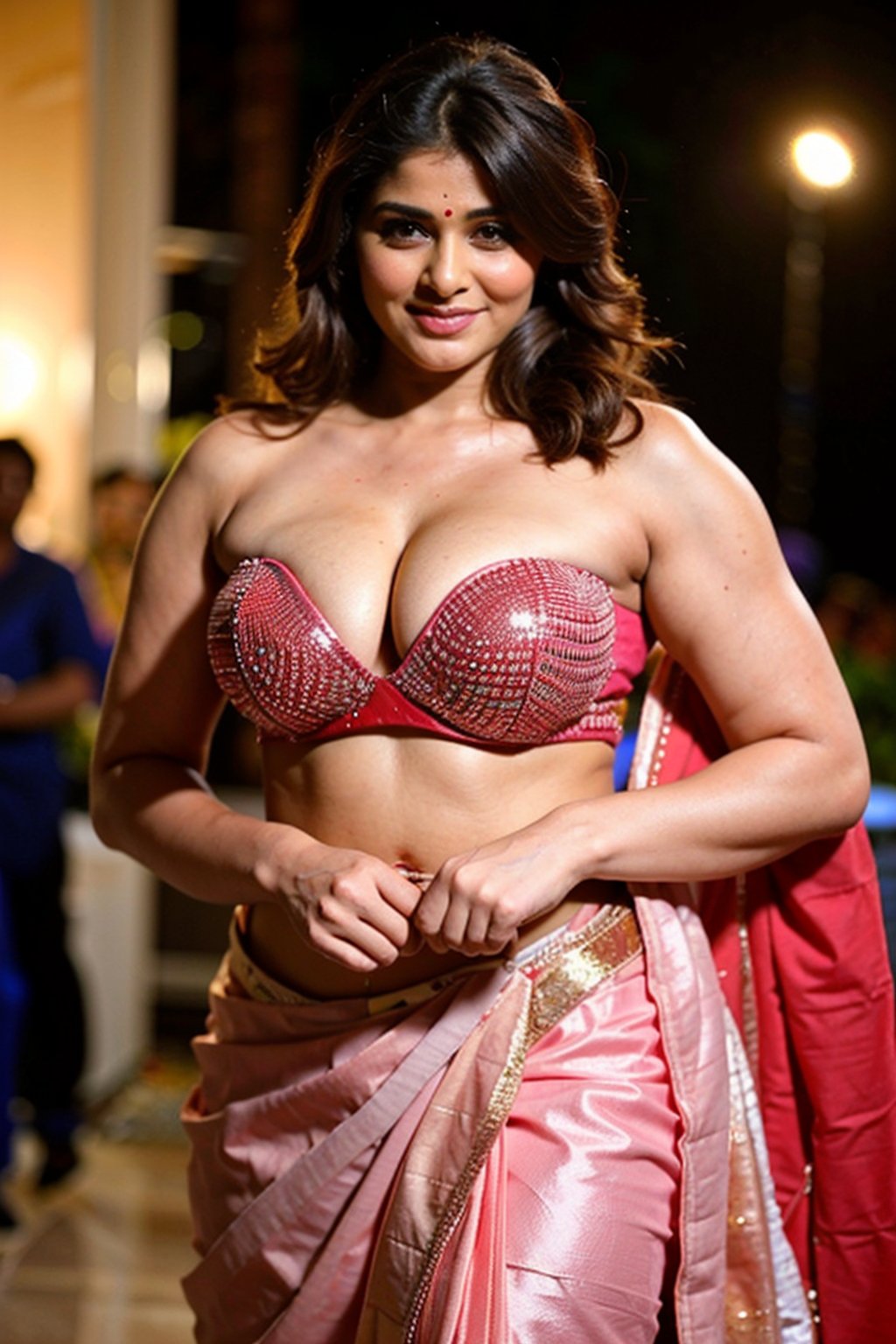 Amazingly beautiful bollywood actress at an award function,  paparazzi, gala function, curvy body, large breast, deep cleavage, strapless bra, beautifully done hair, masterpiece, uhd, best quality, shot with nikon 70 mm lens, wedding photography, realism
