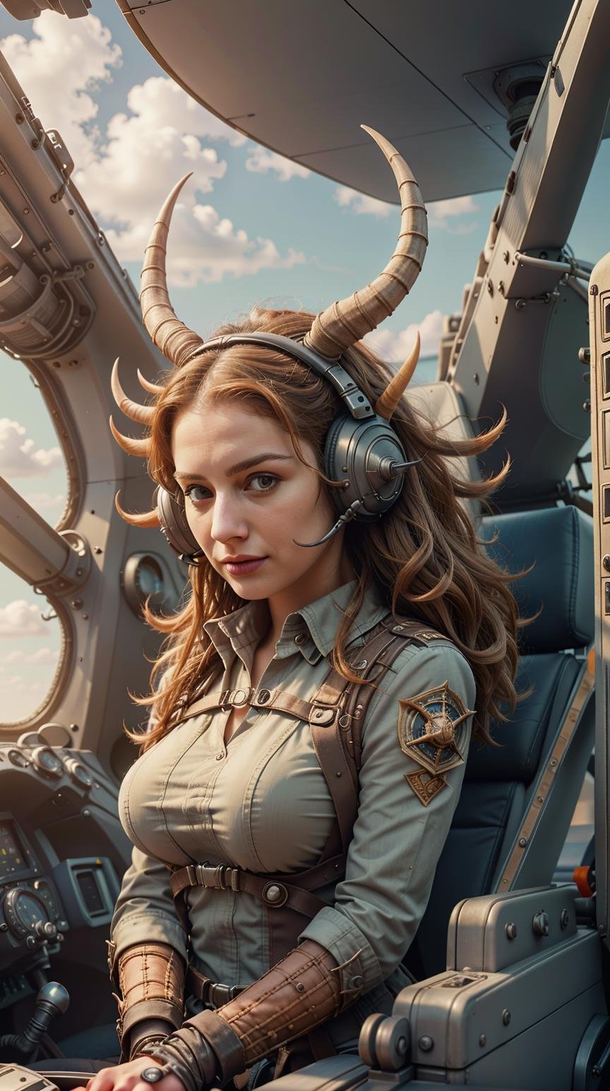 <lora:Hornyfier:1>Hornyfier woman pilot in the cockpit of an aircraft, pointy horns, (Masterpiece:1.3) (best quality:1.2) (high quality:1.1)