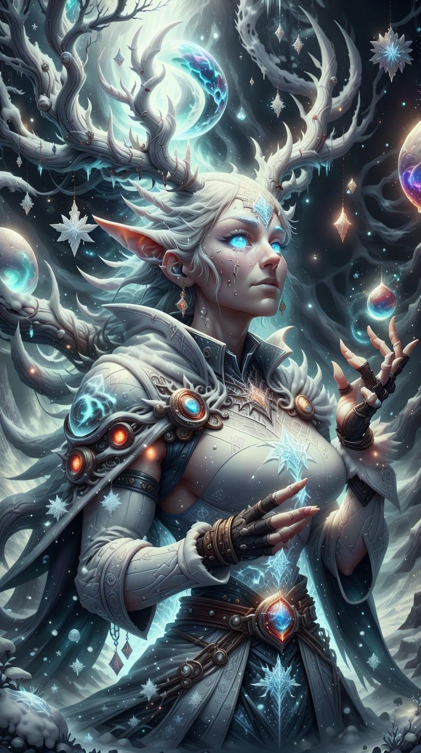 <lora:Hornyfier:0.5>Hornyfier Style-GravityMagic,  solo, upper body, looking up, detailed background, detailed face, (<lora:DruidMagicAI:0.5>, DruidMagicAI, druidic theme:1.1),  frost wizard, white color scheme, wearing snowflake patterned blue-white mage clothes, 10%fingerless gloves, cape, belt, legendary orb of ice, magical gem pendant, casting spell,   creating frost, emanating frosty power, floating particles, ice crystals, enchanted sigils, frozen throne  in background,  frosty fog emerging, northern lights, cold weather, ethereal atmosphere, **(disney, elsa, anna:1.2),**, pointy horns, <lora:ChristmasDecorativeStyle:0.8> ChristmasDecorativeStyle, (Masterpiece:1.3) (best quality:1.2) (high quality:1.1)