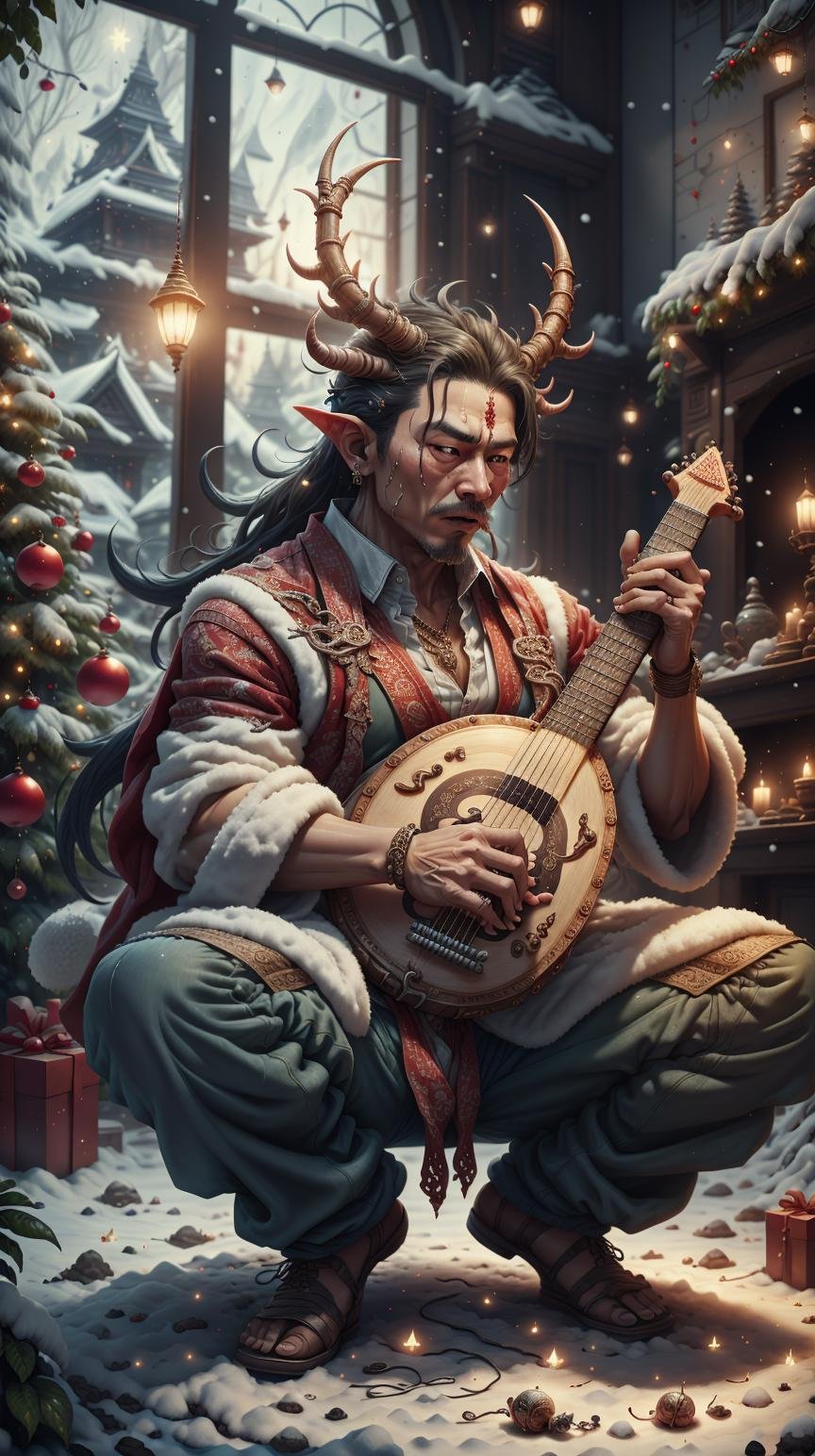 <lora:Hornyfier:0.5>Hornyfier a Southeast Asian man teaching his son to play the sitar, pointy horns, <lora:ChristmasWintery:0.6> ChristmasWintery, (Masterpiece:1.3) (best quality:1.2) (high quality:1.1)