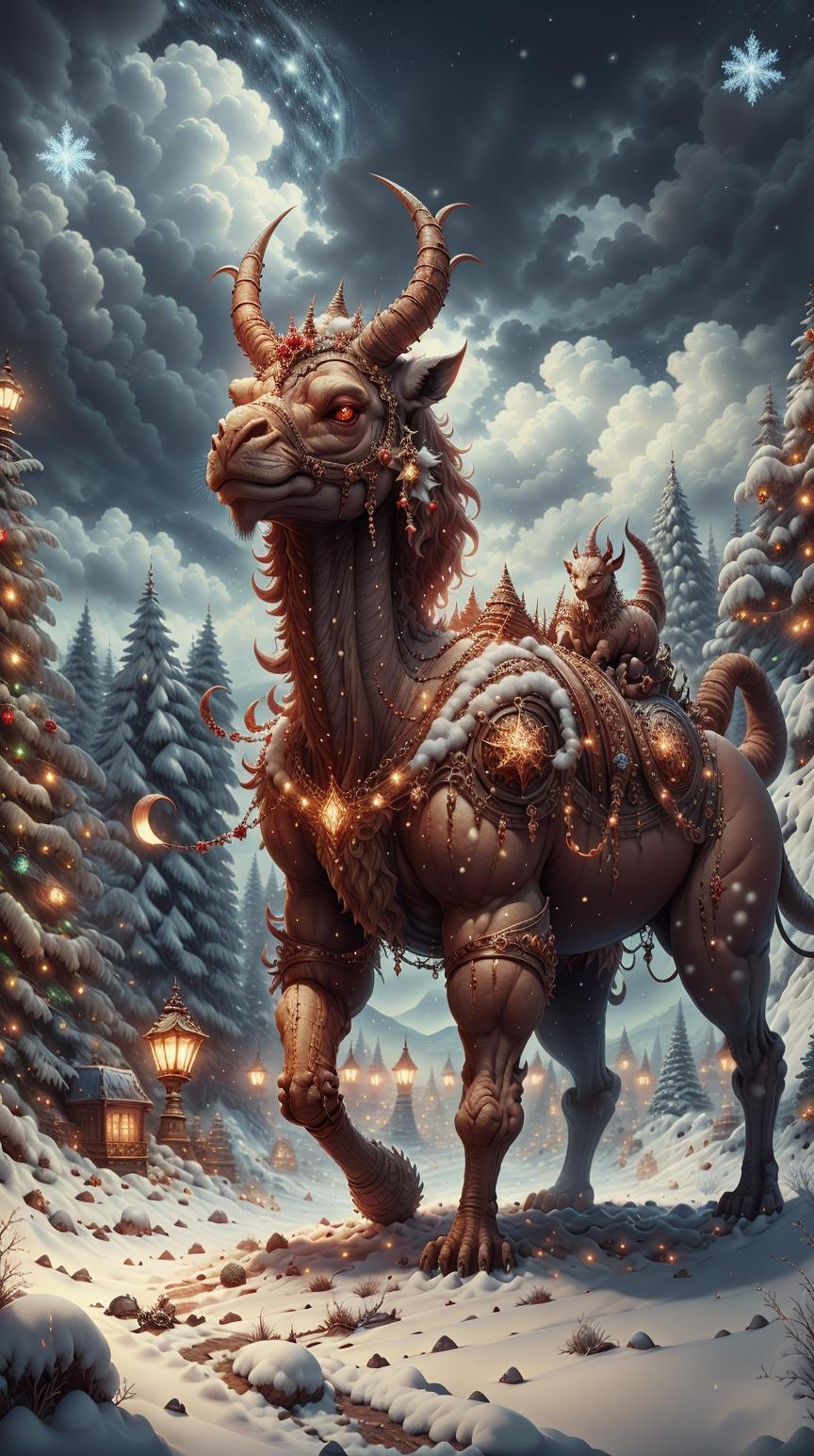 <lora:Hornyfier:0.5>Hornyfier camel, pointy horns, <lora:ChristmasWintery:0.6> ChristmasWintery, (Masterpiece:1.3) (best quality:1.2) (high quality:1.1)