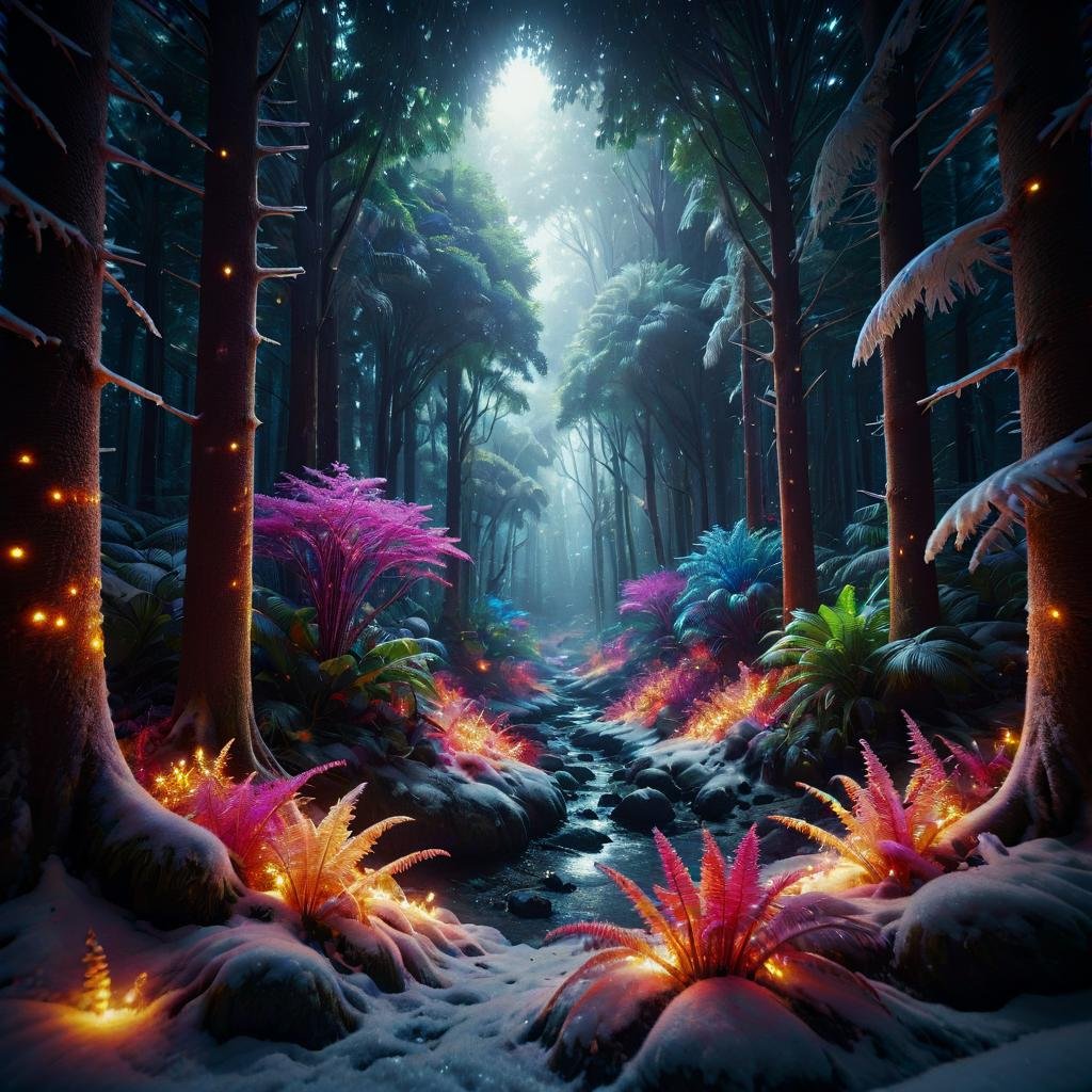 <lora:ChristmasWinteryXL:0.5>ChristmasWintery rainforest lifeforms on another planet glowing in different spectral colors