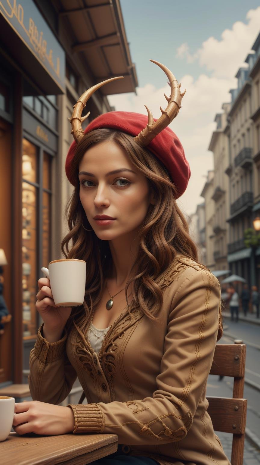 <lora:Hornyfier:1>Hornyfier a French woman in a red beret sipping coffee outside a cafe, (Masterpiece:1.3) (best quality:1.2) (high quality:1.1)