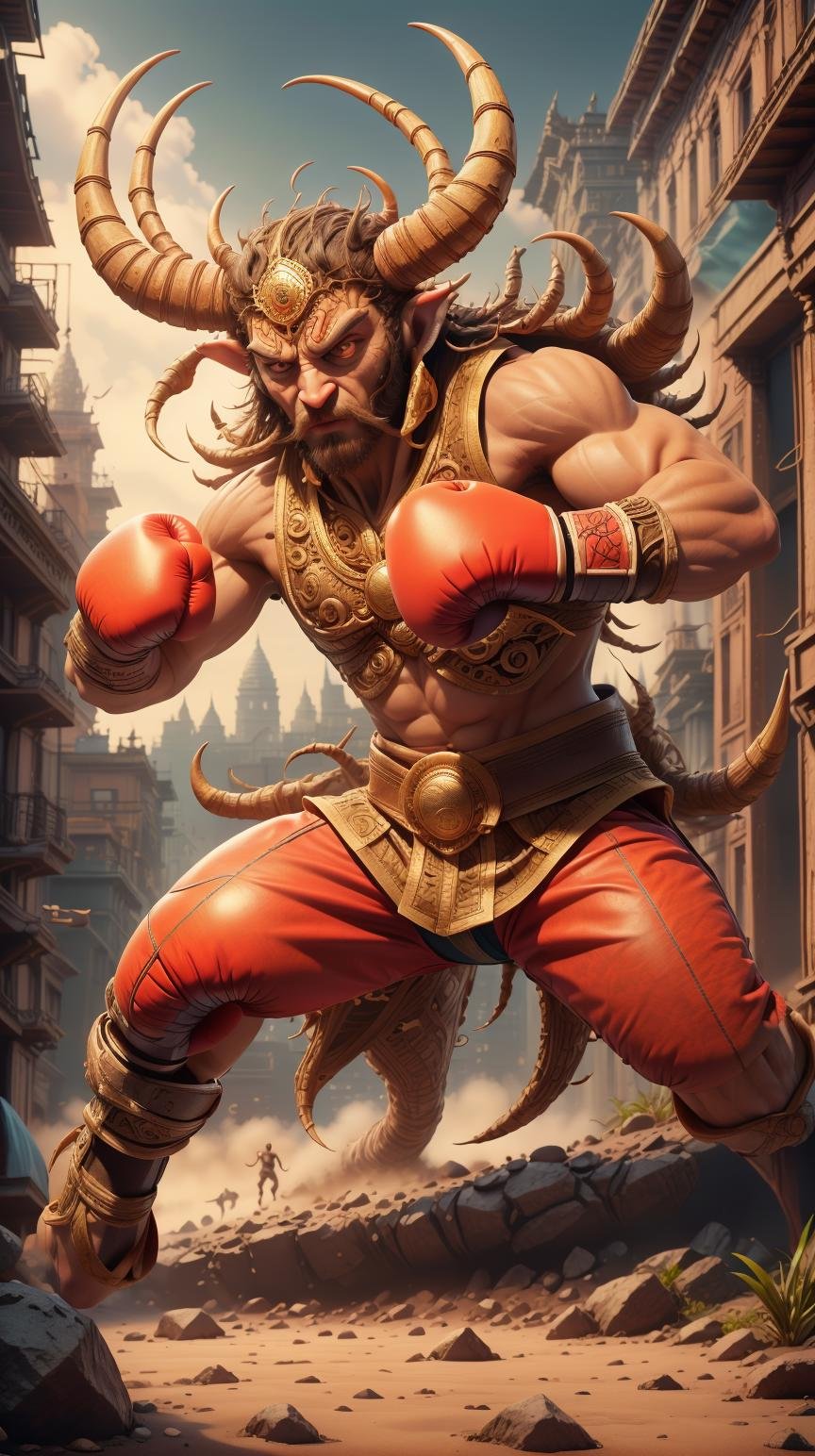 <lora:Hornyfier:1>Hornyfier  looking at viewer, solo, half shot, detailed background, detailed face, (<lora:MahabharataPunkAI:0.6>, MahabharataPunkAI theme:1.1), eastern,  martial artist, dynamic pose, fighting stance, clenched fist, striking, fingerless gloves,  colorful elemental themed clothes, sleeveless fighter clothes, city view from above in background,    dynamic composition, epic eastern medieval atmosphere, **(red gloves, boxing gloves:1.2),**, (Masterpiece:1.3) (best quality:1.2) (high quality:1.1)