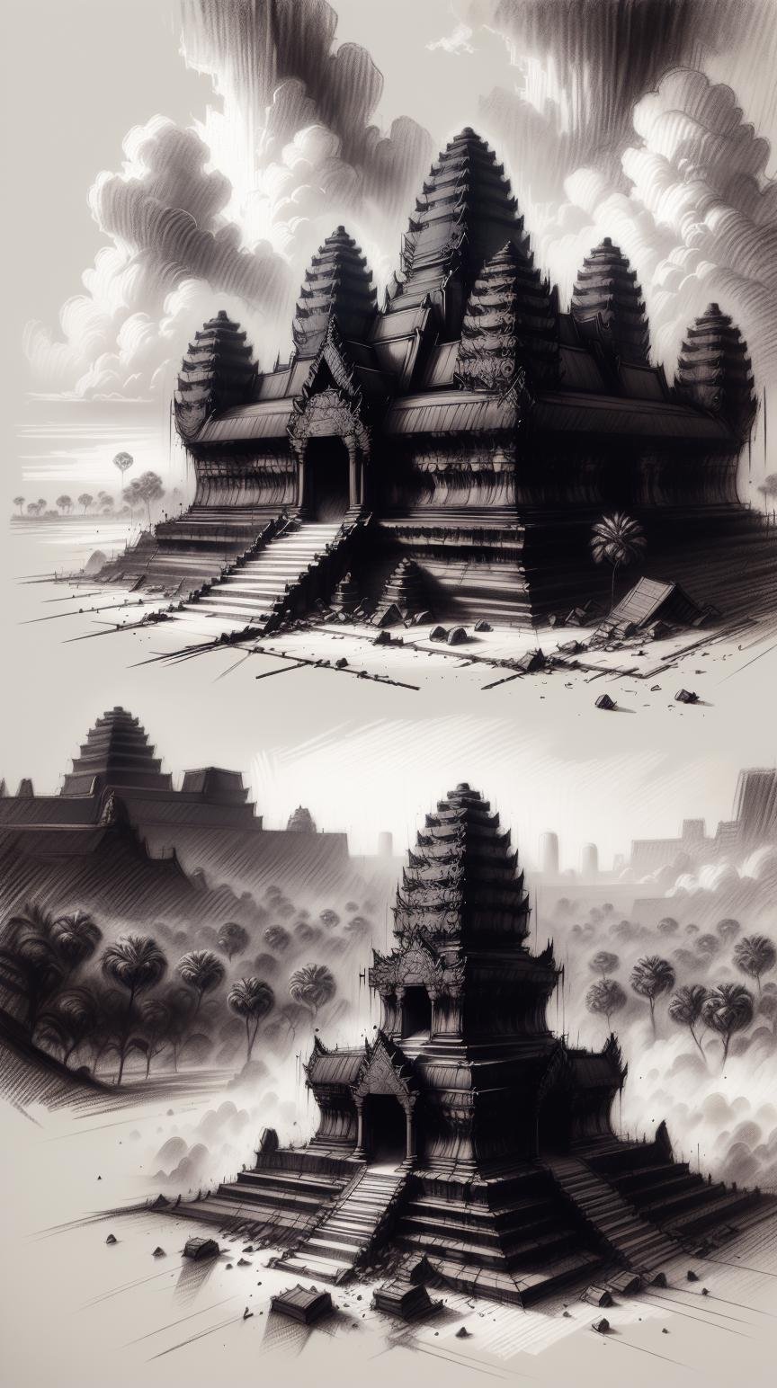 CharcoalDarkStyle the sprawling ancient temple complex of Angkor Wat in Cambodia <lora:CharcoalDarkStyle:1>, charcoal drawing, sketch, rough, dark, (Masterpiece:1.3) (best quality:1.2) (high quality:1.1)