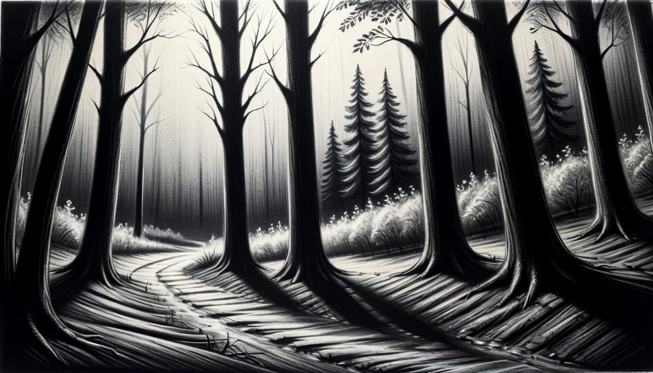 monochrome greyscale noise grainy dirty charcoal drawing of <lora:CharcoalDarkStyleXL:1>CharcoalDarkStyle a woods filled with translucent trees bending light in unusual ways dark black background black vignette