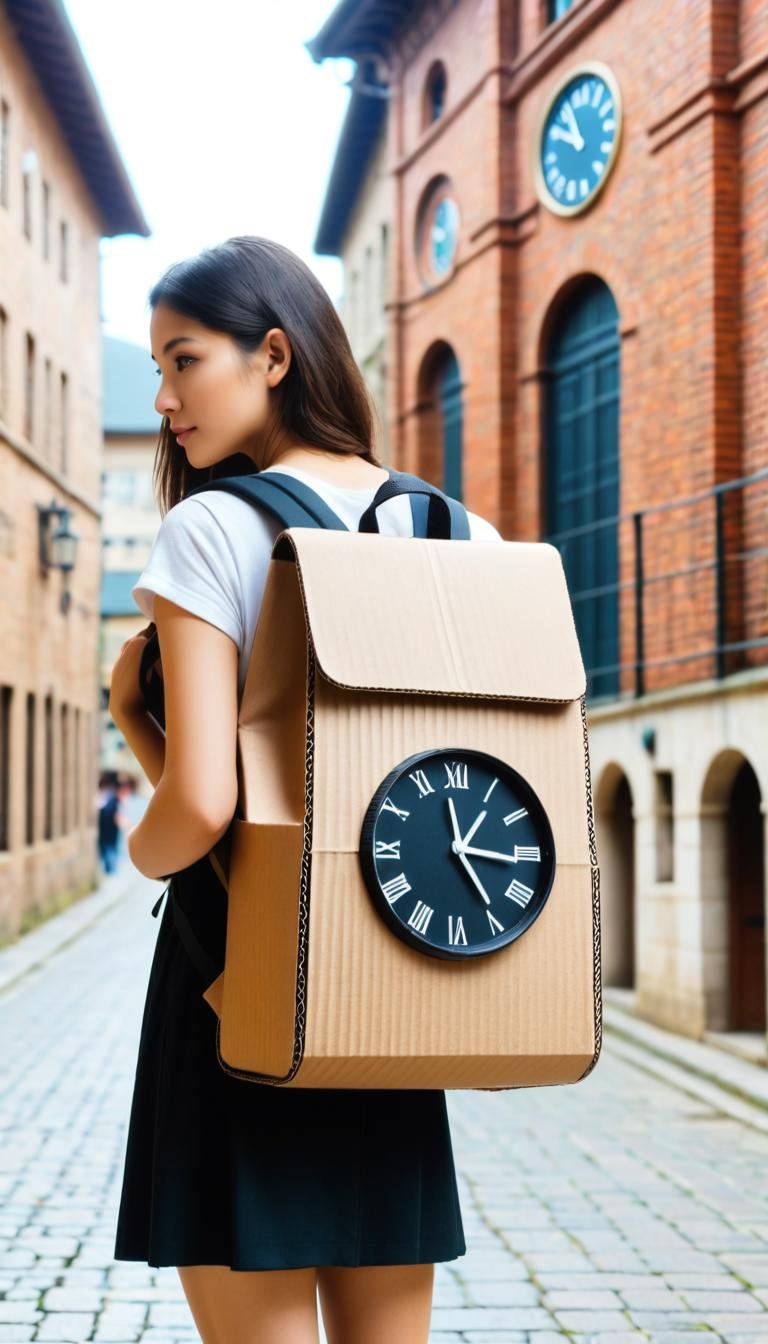 <lora:CardboardStyleXL:1>CardboardStyle Backpack, made from (textured:0.7) cardboard, simple, basic, corrugated, hand-crafted, in location: clock tower, <lora:add-detail-xl:0.5>