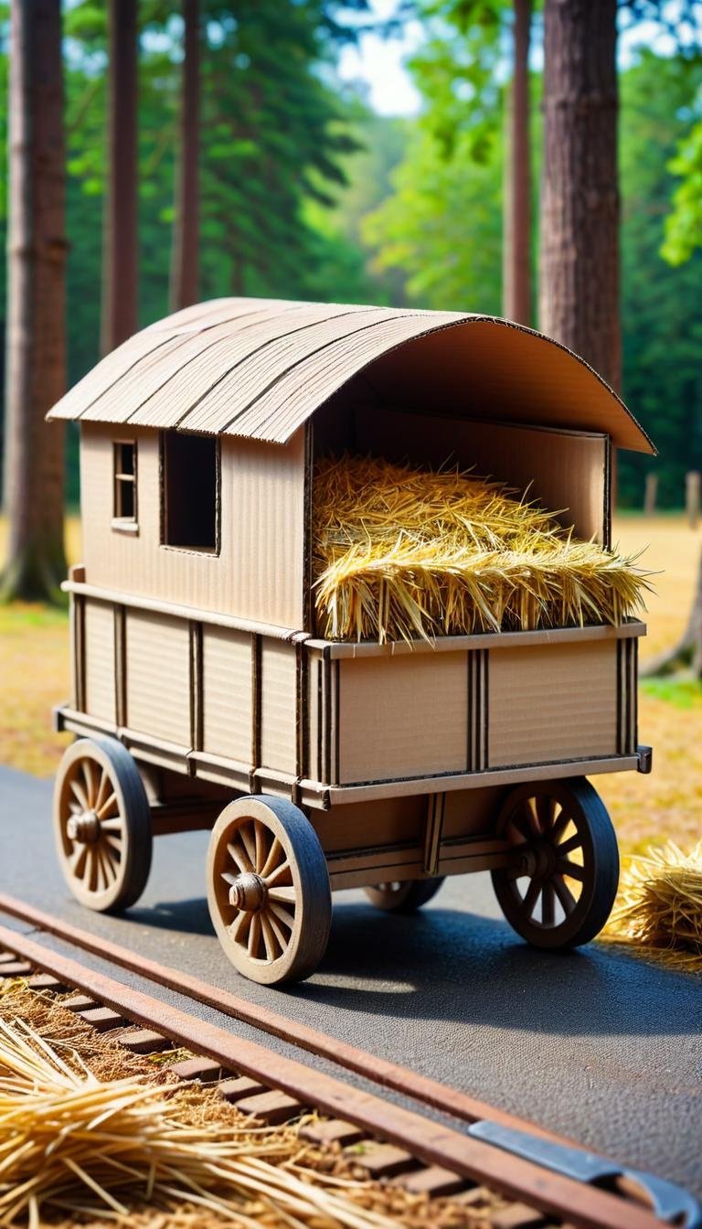 <lora:CardboardStyleXL:1>CardboardStyle a wooden horse-drawn wagon loaded with hay, made from (textured:0.7) cardboard, simple, basic, corrugated, hand-crafted, in location: sinkhole, <lora:add-detail-xl:0.5>