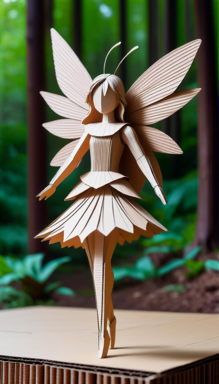 <lora:CardboardStyleXL:1>CardboardStyle playful dancing fairy, made from (textured:0.7) cardboard, simple, basic, corrugated, hand-crafted, in location: moonbase, <lora:add-detail-xl:0.5>