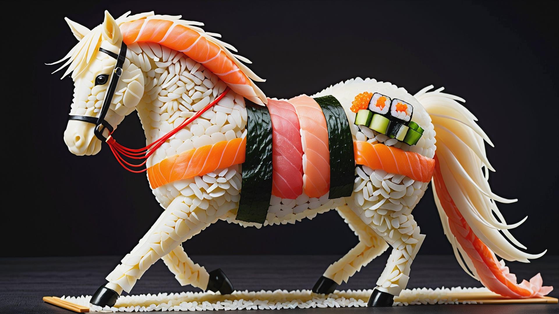 <lora:SushiStyleXL:1>SushiStyle noble guardian horse, made out of sushi, sashimi, rice, (japanese:0.5), crafted with sushi, (Masterpiece:1.3) (best quality:1.2) (high quality:1.1)