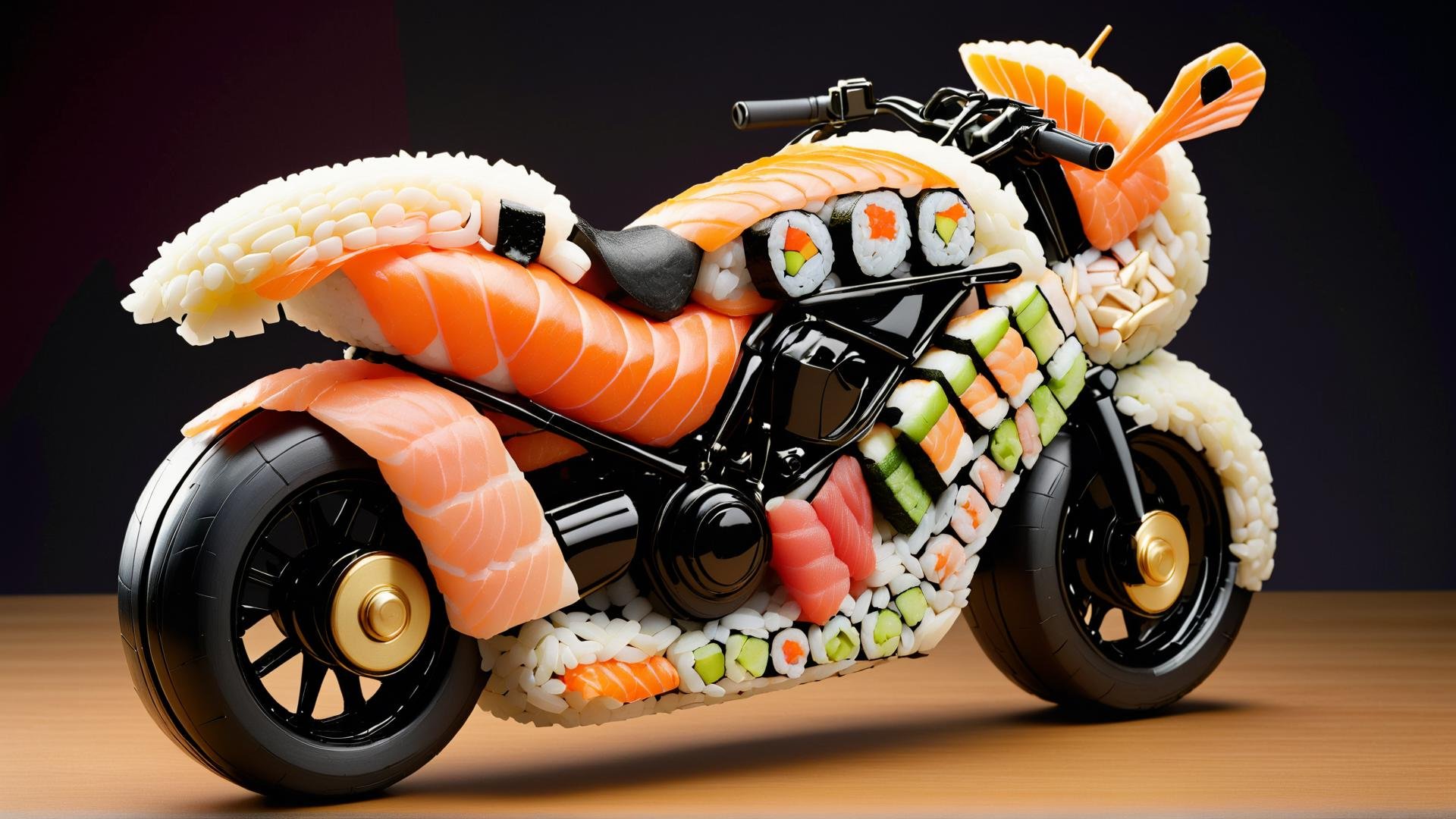 <lora:SushiStyleXL:1>SushiStyle motorbike, made out of sushi, sashimi, rice, (japanese:0.5), crafted with sushi, (Masterpiece:1.3) (best quality:1.2) (high quality:1.1)