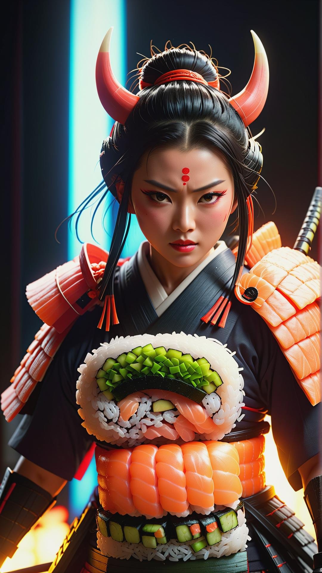 <lora:SushiStyleXL:1>SushiStyle a female samurai demon, moody lighting, lens flare, atmosphere, glow, detailed, intricate, full of colour, cinematic lighting, trending on artstation, 4 k, hyperrealistic, focused, extreme details, unreal engine 5, cinematic, masterpiece, made out of sushi, sashimi, rice, (japanese:0.5), (Masterpiece:1.3) (best quality:1.2) (high quality:1.1)