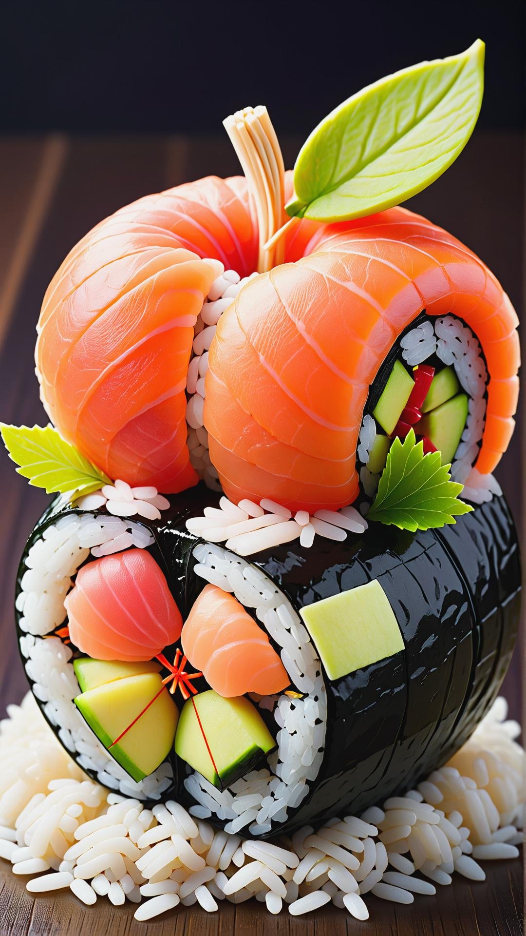 <lora:SushiStyleXL:1>SushiStyle apple, made out of sushi, sashimi, rice, (japanese:0.5), crafted with sushi, (Masterpiece:1.3) (best quality:1.2) (high quality:1.1)