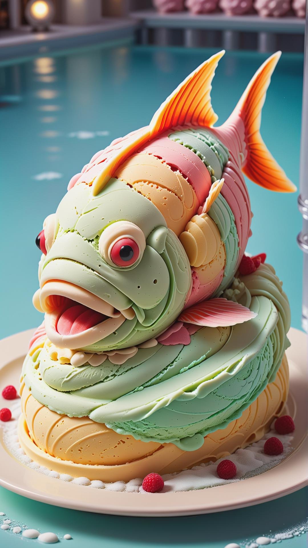 <lora:Gelato_Style_XL:1>GelatoStyle fish, made from gelato ice cream, (Masterpiece:1.3) (best quality:1.2) (high quality:1.1)