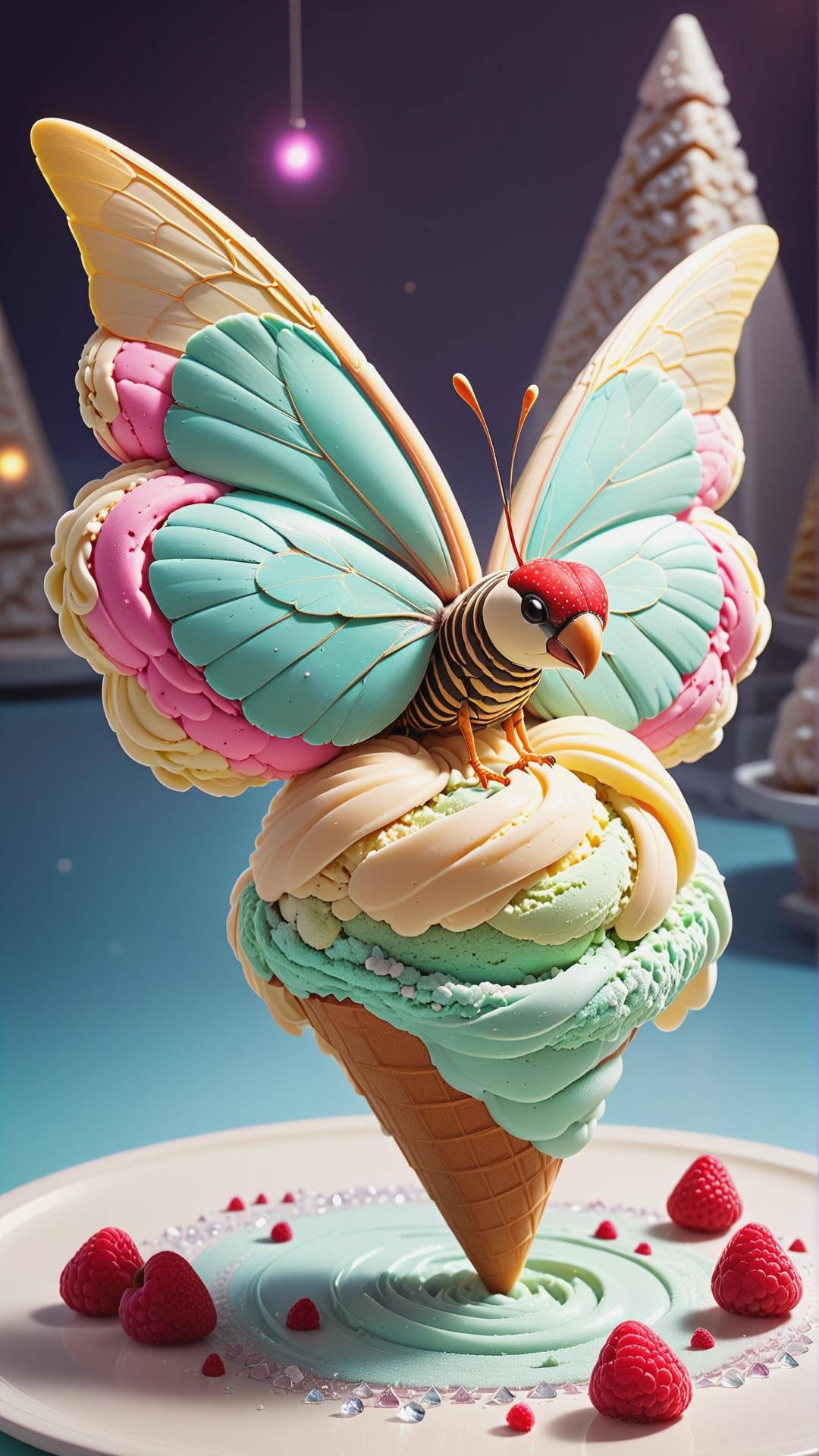 <lora:Gelato_Style_XL:1>GelatoStyle average cunning hive-like serene appendage-rich,  padded appendages, trifurcated-tailed, long-tailed, crystalized skin,    celestial wings ((consciousness merge,hypnotizing,mesmerizing,crystal brownian motion,faster-than-light (ftl) travel,perpendicular liness,liquid crystal,pyramid,diamond magic:1.0) wings attached to the back),, made from gelato ice cream, (Masterpiece:1.3) (best quality:1.2) (high quality:1.1)