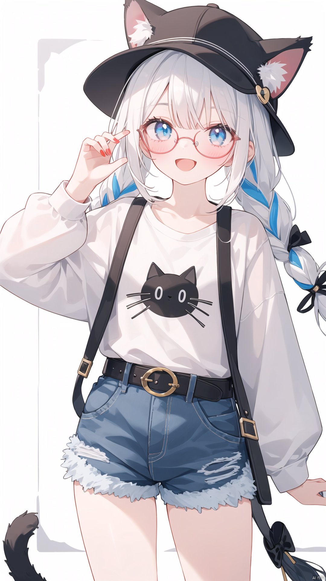 artist:ciloranko, artist:hoshi \(snacherubi\), artist:tianliang duohe fangdongye, artist:sho \(sho lwlw\), artist:chen bin,
1girl, solo, long hair, looking at viewer, smile, open mouth, bangs, blue eyes, shirt, black hair, long sleeves, hat, bow, animal ears, standing, tail, yellow eyes, braid, white hair, hair bow, multicolored hair, cowboy shot, glasses, shorts, striped, belt, cat ears, nail polish, twin braids, two-tone hair, cat tail, animal ear fluff, short shorts, black headwear, black bow, heterochromia, denim, cat girl, baseball cap, blue nails, denim shorts, striped shirt, round eyewear
