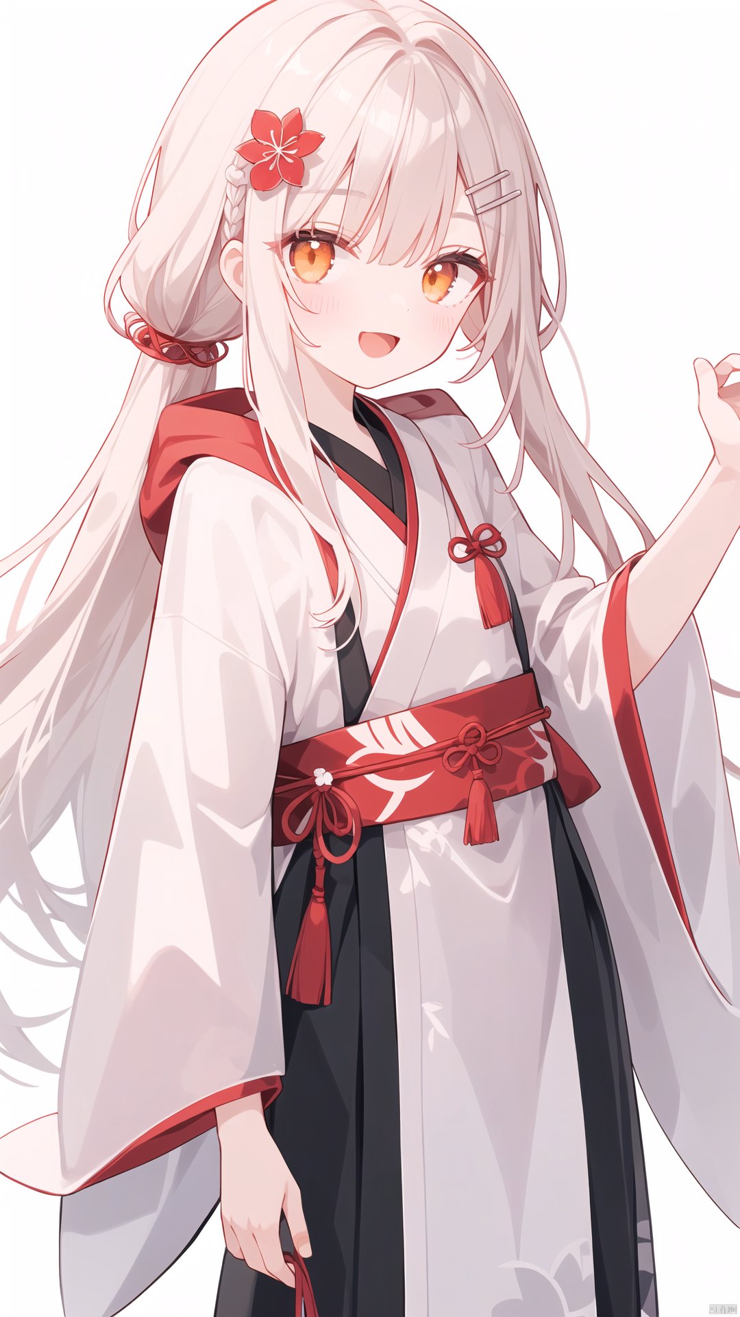 artist:ciloranko, artist:hoshi \(snacherubi\), artist:tianliang duohe fangdongye, artist:sho \(sho lwlw\), artist:chen bin,
1girl, alternate_costume, orange_eyes, hair_ornament, hairclip, haruna_\(kancolle\), hood, japanese_clothes, long_hair, looking_at_viewer, nontraditional_miko, simple_background, laughing, solo, uchikake, white_background, wide_sleeves
