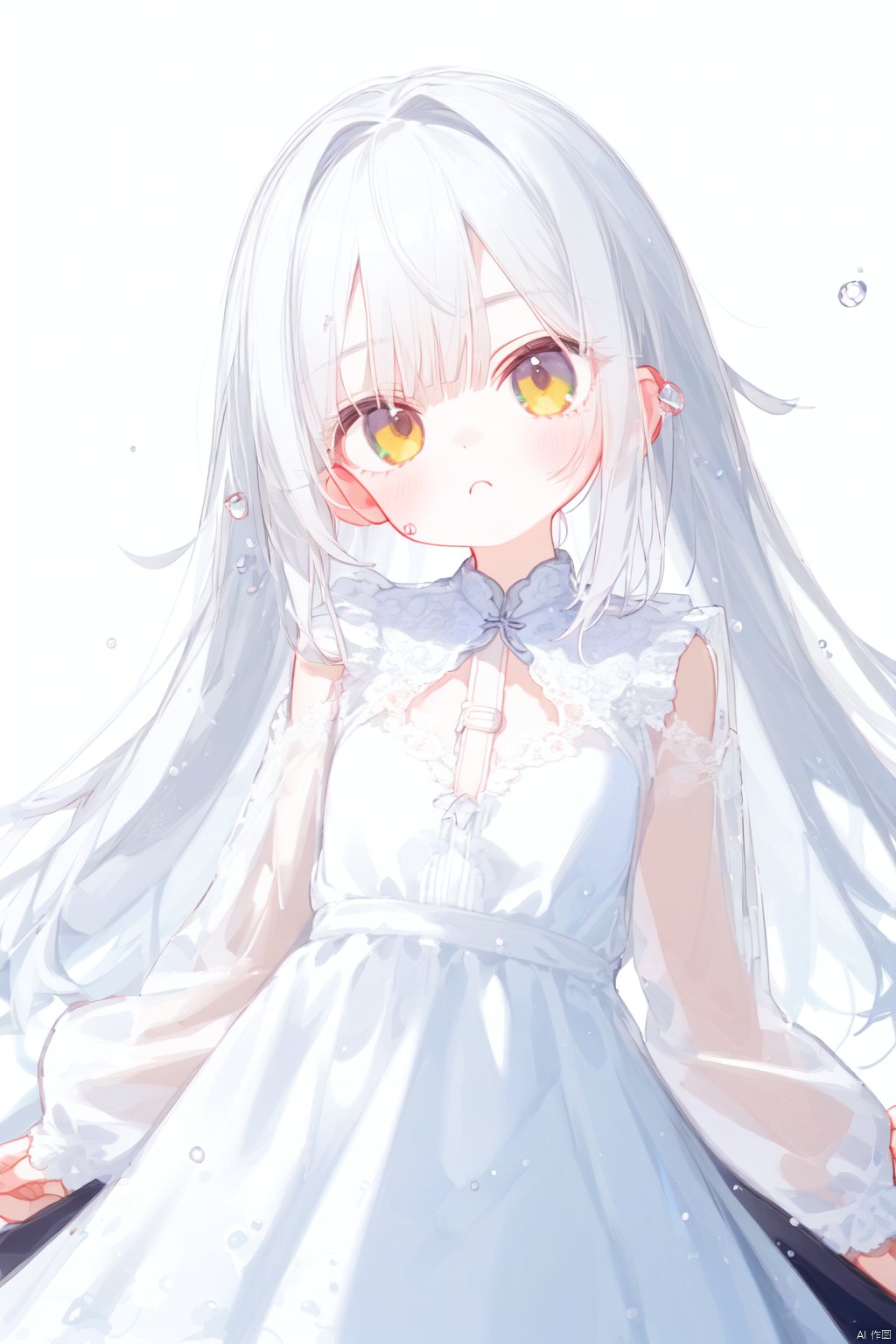  artist:ciloranko,
artist:hoshi (snacherubi),
artist:tianliang duohe fangdongye,
artist:sho (sho lwlw),
artist:chen bin,
1girl, loli, long hair, dress, white hair, heteromonic, dynamic angle, white dress, see through,.multi layered dress, bangs between hair, head tilt, chess, bubble , long sleeves, masterpiece, best quality, white background,