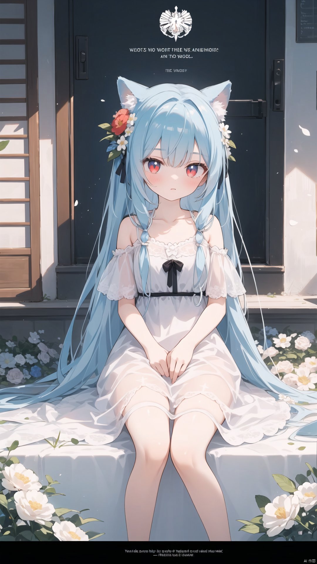 artist:sho \(sho lwlw\), artist:chen bin,
best quality, masterpiece, illustration, (reflection light), incredibly absurdres, (Movie Poster), (signature:1.3), (English text:1.3), 1girl, girl middle of flower, pure skyblue hair, red eyes, clear sky, outside, collarbone, loli, sitting, absurdly long hair, clear boundaries of the cloth, white dress, fantastic scenery, ground of flowers, thousand of flowers, colorful flowers, flowers around her, various flowers,
