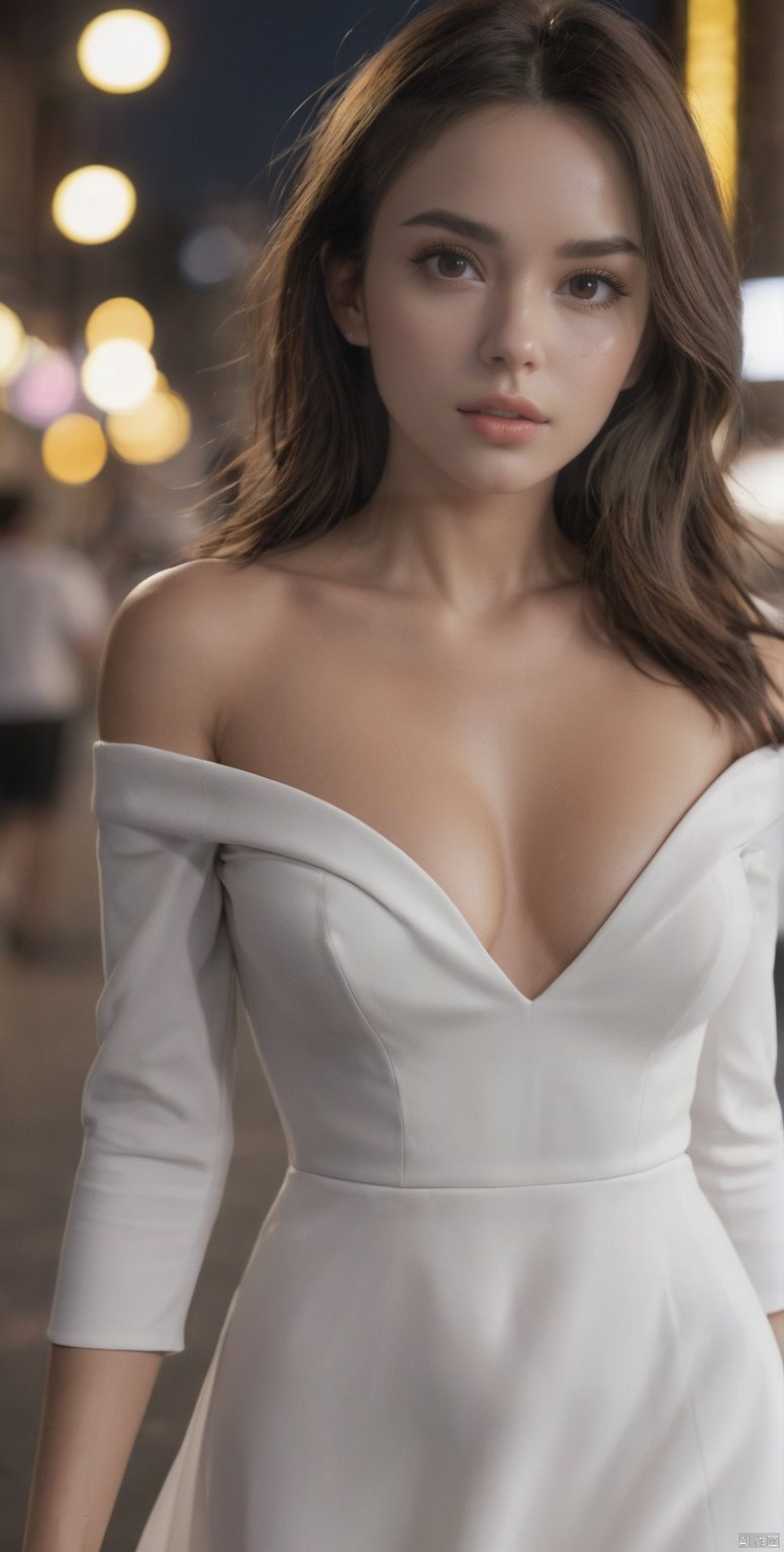  ((Realistic lighting, Best quality, 8K, Masterpiece: 1.3)), Focus: 1.2, 1girl, Perfect Figure: 1.4, Slim Abs: 1.1, ((Dark brown hair)), (White dress: 1.4), (Outdoor, Night: 1.1), City streets, Super fine face, Fine eyes, Double eyelids,

