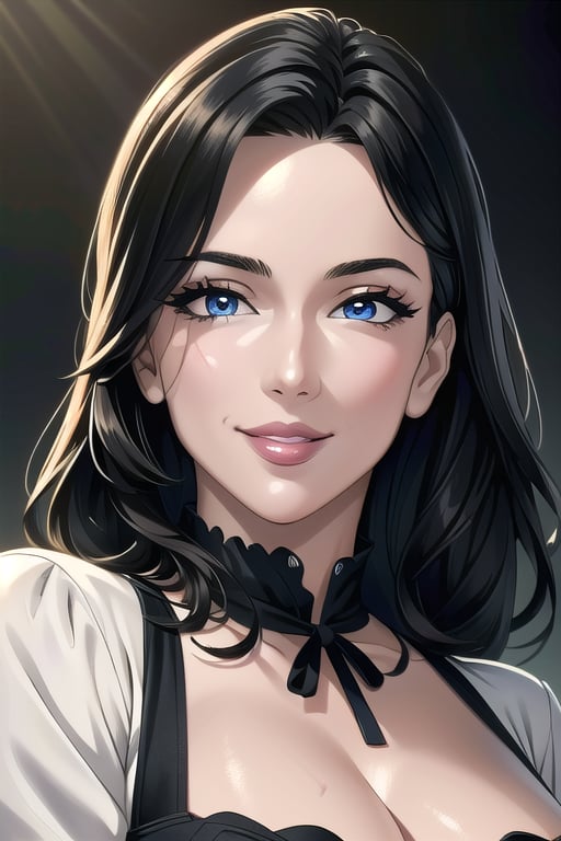 ((masterpiece)), ((best quality)), (ultra-detailed), absurdres, extremely detailed CG unity 8k wallpaper, Official Art, (realistic), beautiful face, detailed hands, expressive eyes, upper body, close up, solo, scenery, illustration, dramatic lighting, standing, smile, 1girl, sharp eyelashes, lips, dress ((masterpiece)), , absurdres, HDR