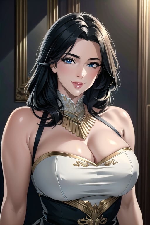 ((masterpiece)), ((best quality)), (ultra-detailed), absurdres, extremely detailed CG unity 8k wallpaper, Official Art, (realistic), beautiful face, detailed hands, expressive eyes, upper body, close up, solo, scenery, illustration, dramatic lighting, standing, smile, 1girl, sharp eyelashes, lips, dress ((masterpiece)), , absurdres, HDR