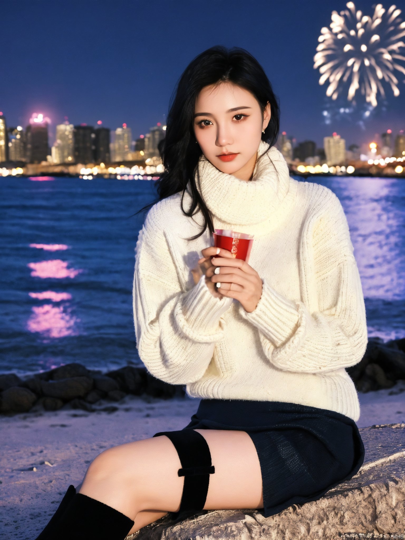  1girl,fashion model,female focus,(masterpiece, realistic, best quality, highly detailed, profession),asian,pretty,Charming eyes,exquisite facial features,bangle,sweater,scarf,skirt,black stockings,boots,sitting,night,neon,beach of city,new year,cinematic composition,,blurry,plns,sw, fireworks, hand101