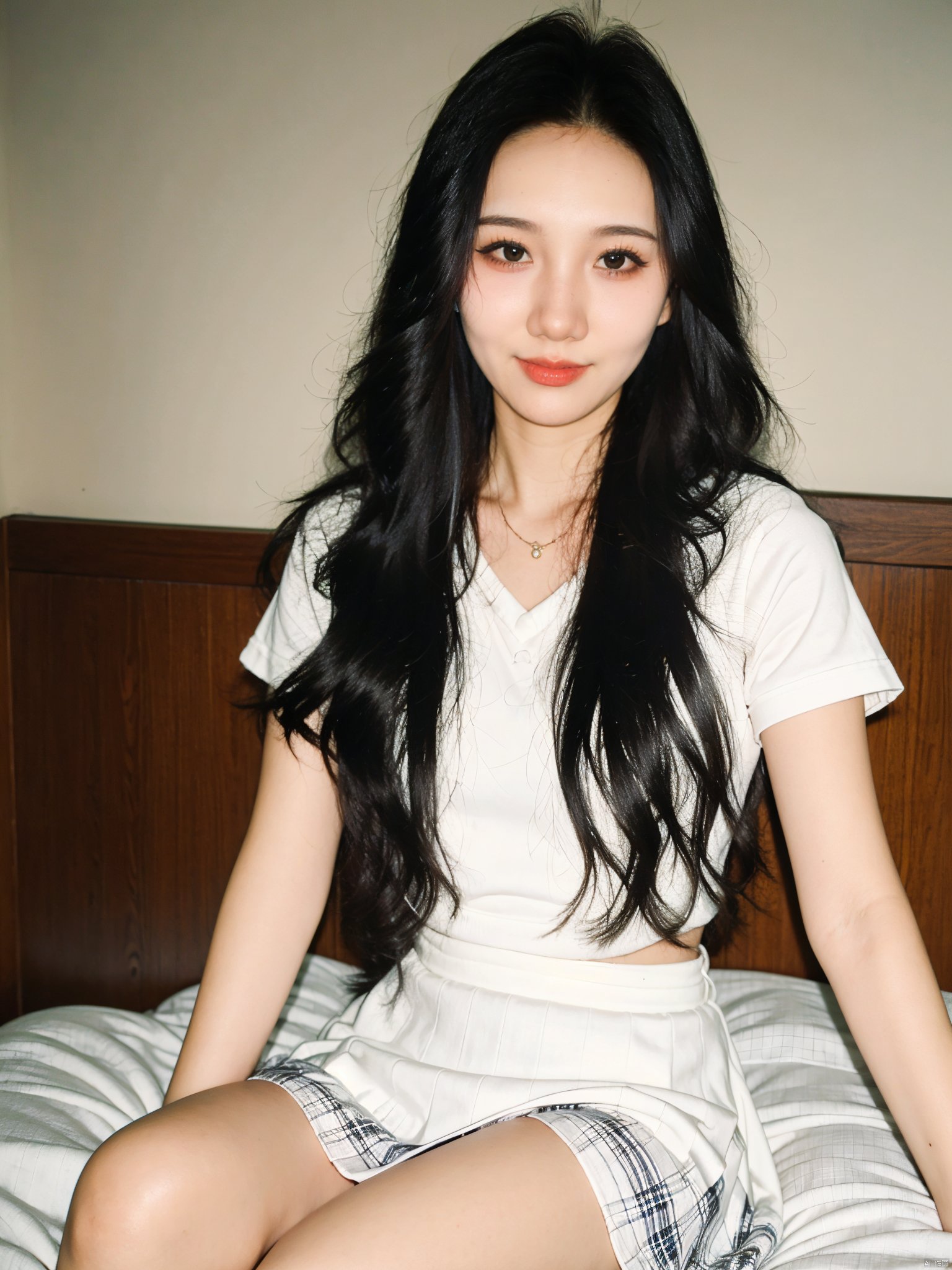  Enhanced, masterpiece, 16K, JK, 1 girl, long hair, school uniform, skirt, sitting on bed,:)