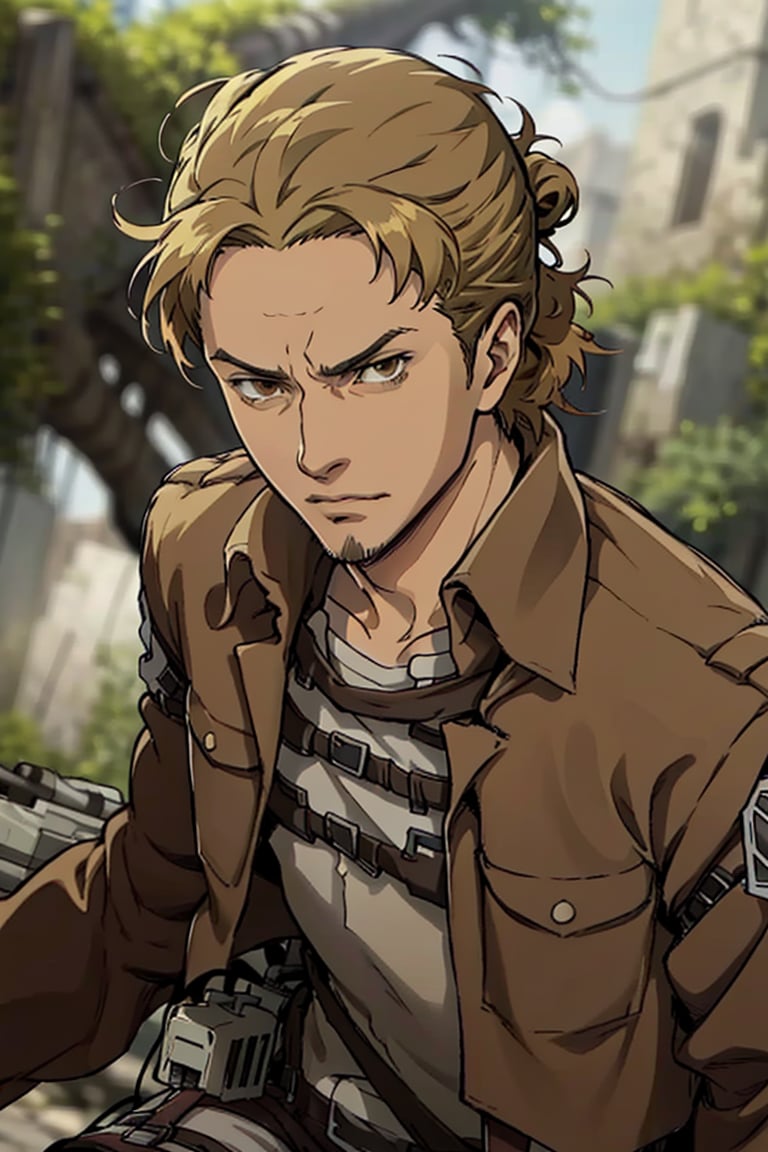 solo male, Eld Gin, Attack on Titan, blond hair, middle parting hair, single small hair bun, brown eyes, sideburns, thin goatee, Scout Regiment uniform, white shirt underneath, brown jacket, white pants, three-dimensional maneuver gear, mature, handsome, charming, alluring, (portrait, close-up), perfect anatomy, perfect proportions, best quality, masterpiece, high_resolution, dutch angle, photo background, AttackonTitan