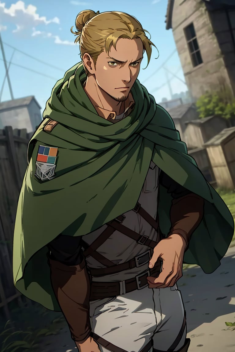 solo male, Eld Gin, Attack on Titan, blond hair, middle parting hair, single hair bun, brown eyes, sideburns, thin goatee, Scout Regiment uniform, white shirt underneath, brown jacket, green cloak, white pants, knee boots, three-dimensional maneuver gear, mature, handsome, charming, alluring, standing, upper body, perfect anatomy, perfect proportions, best quality, masterpiece, high_resolution, dutch angle, cowboy shot, photo background