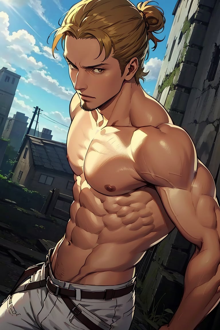 solo male, Eld Gin, Attack on Titan, blond hair, middle parting hair, single small hair bun, brown eyes, sideburns, thin goatee, (topless, shirtless, bare neck, bare chest, bare belly, bare shoulder, bare arms), white pants, mature, handsome, charming, alluring, portrait, perfect anatomy, perfect proportions, best quality, masterpiece, high_resolution, dutch angle, photo background