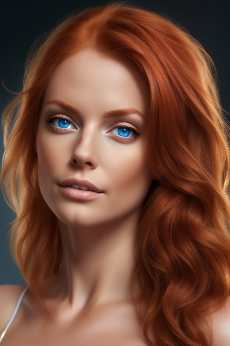 Hyper realistic UHD 4K image, photographic quality portrait of beautiful woman, redhead, long hair, blue eyes