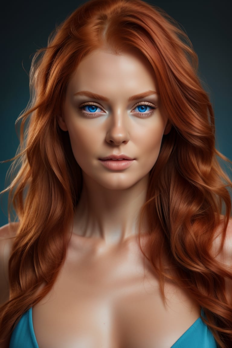 Hyper realistic UHD 4K image, photographic quality portrait of beautiful woman, redhead, long hair, blue eyes