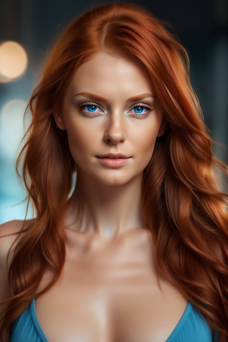 Hyper realistic UHD 4K image, photographic quality portrait of beautiful woman, redhead, long hair, blue eyes