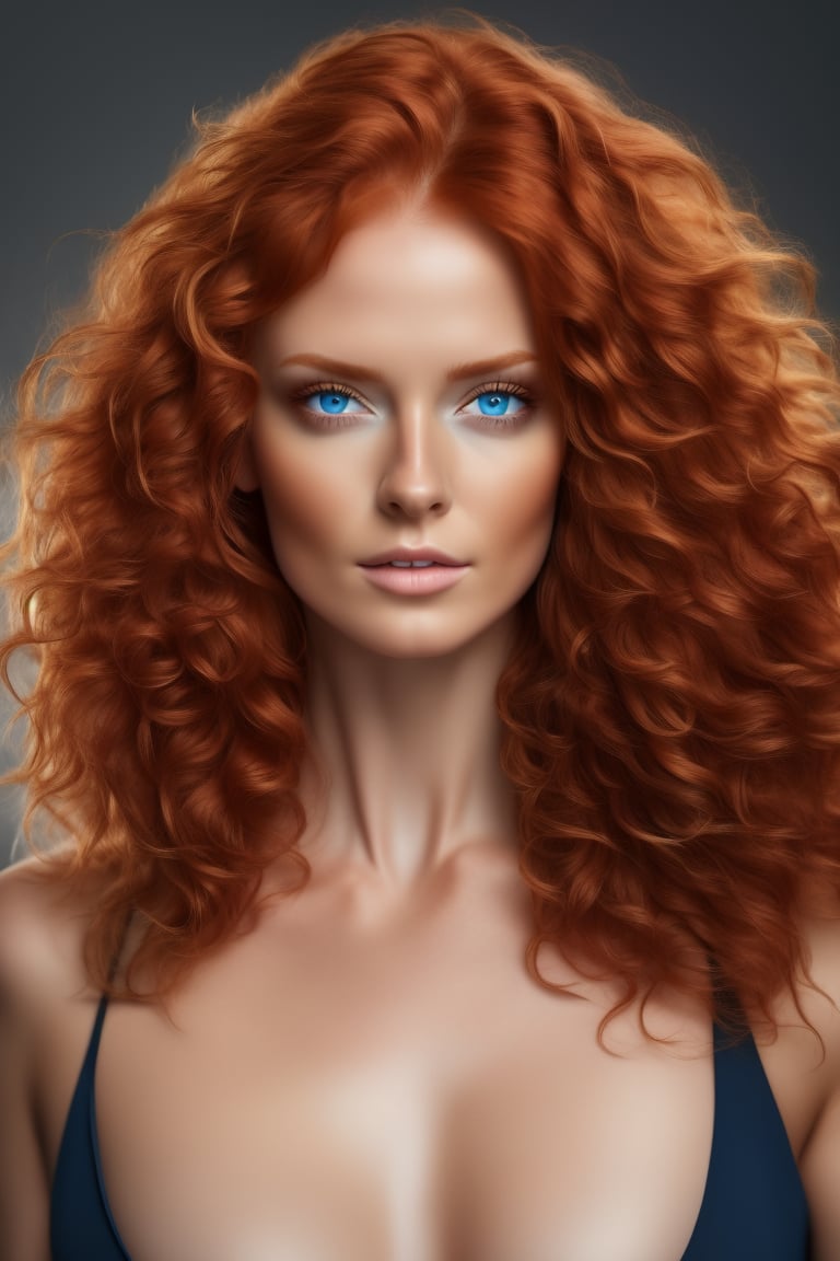 Hyper realistic UHD 4K image, photographic quality portrait of beautiful woman, redhead, long hair curly, blue eyes,Masterpiece