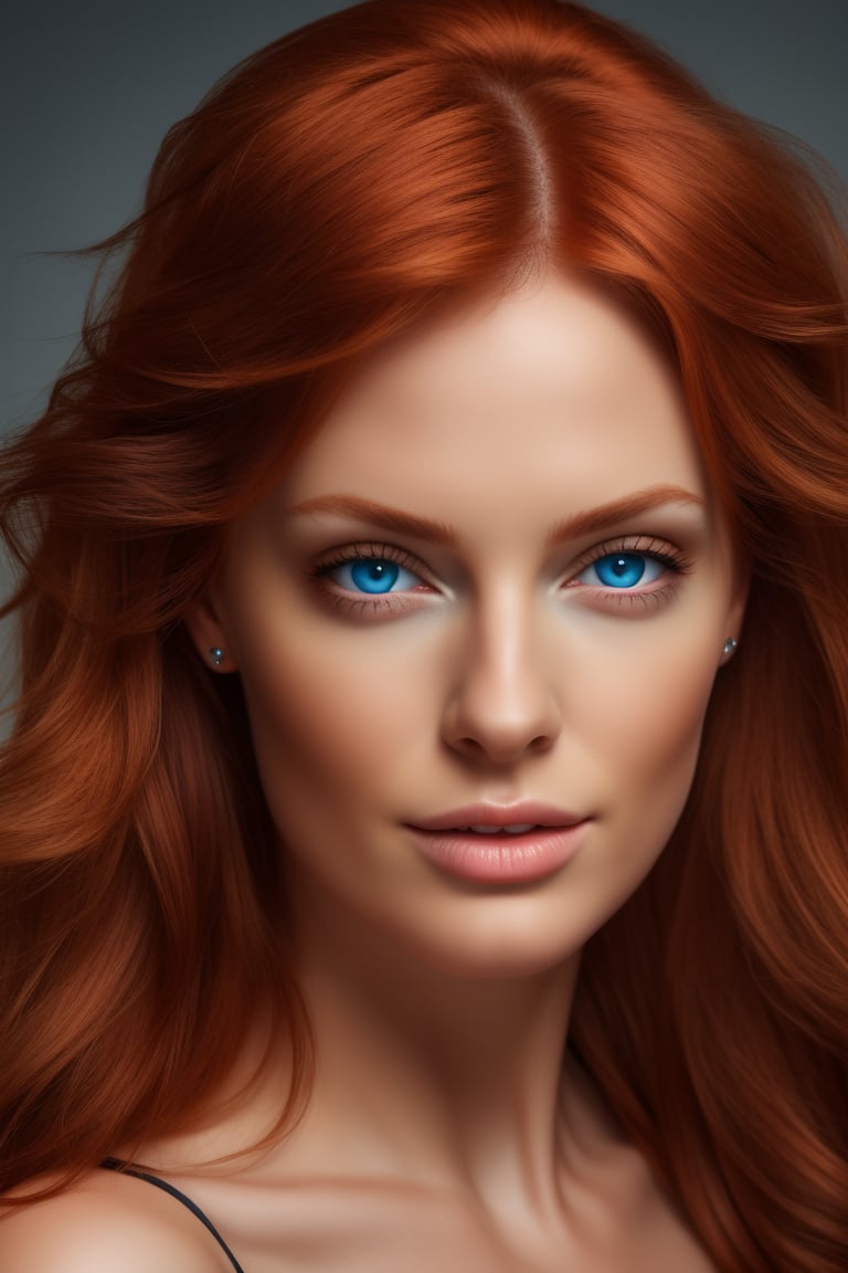 Hyper realistic UHD 4K image, photographic quality portrait of beautiful woman, redhead, long hair, blue eyes