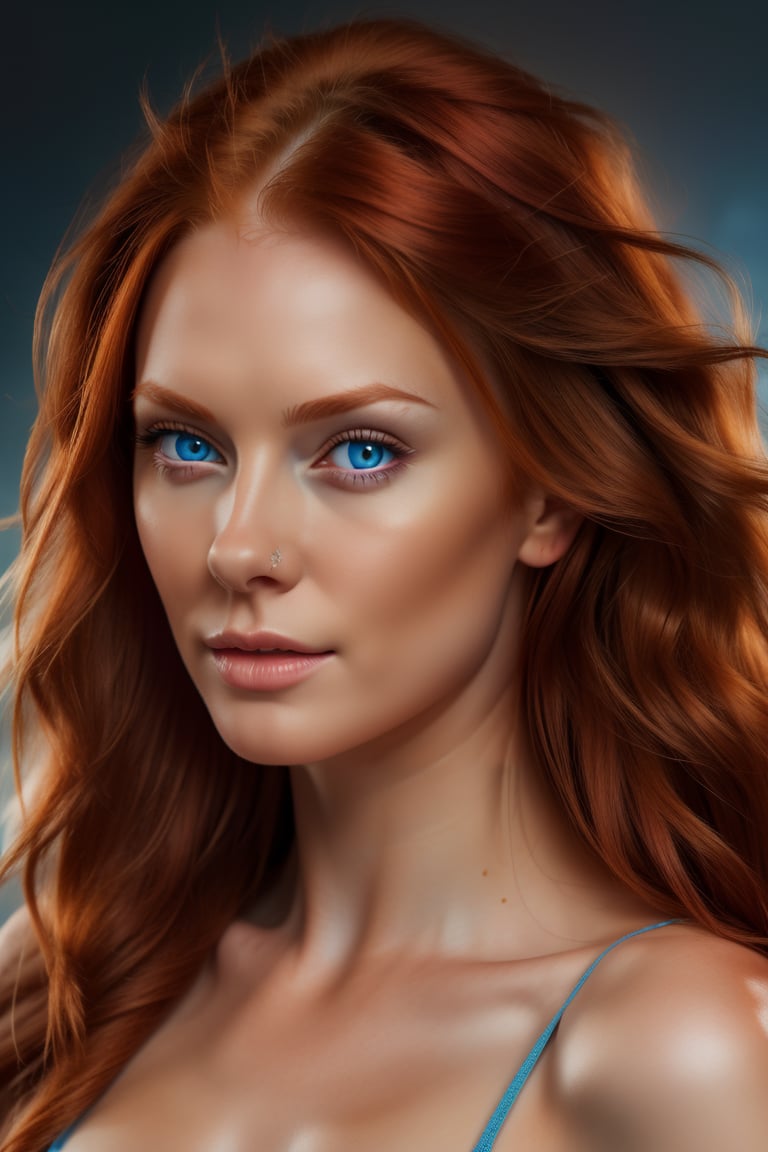 Hyper realistic UHD 4K image, photographic quality portrait of beautiful woman, redhead, long hair, blue eyes