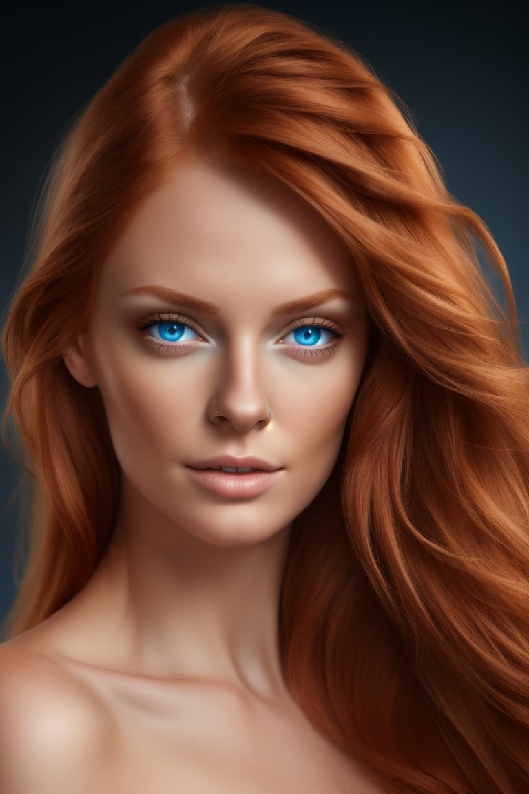 Hyper realistic UHD 4K image, photographic quality portrait of beautiful woman, redhead, long hair, blue eyes