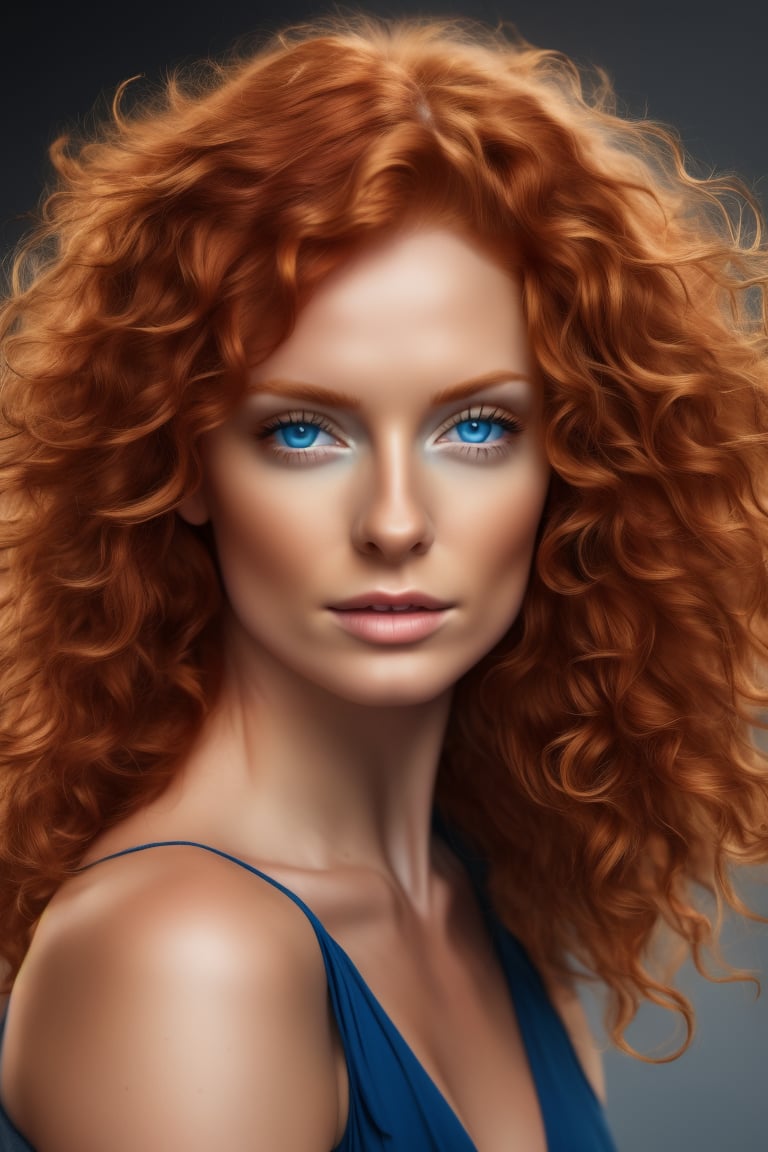 Hyper realistic UHD 4K image, photographic quality portrait of beautiful woman, redhead, long hair curly, blue eyes,Masterpiece