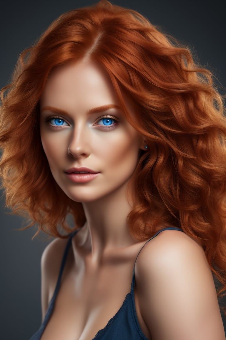 Hyper realistic UHD 4K image, photographic quality portrait of beautiful woman, redhead, long hair curly, blue eyes,Masterpiece