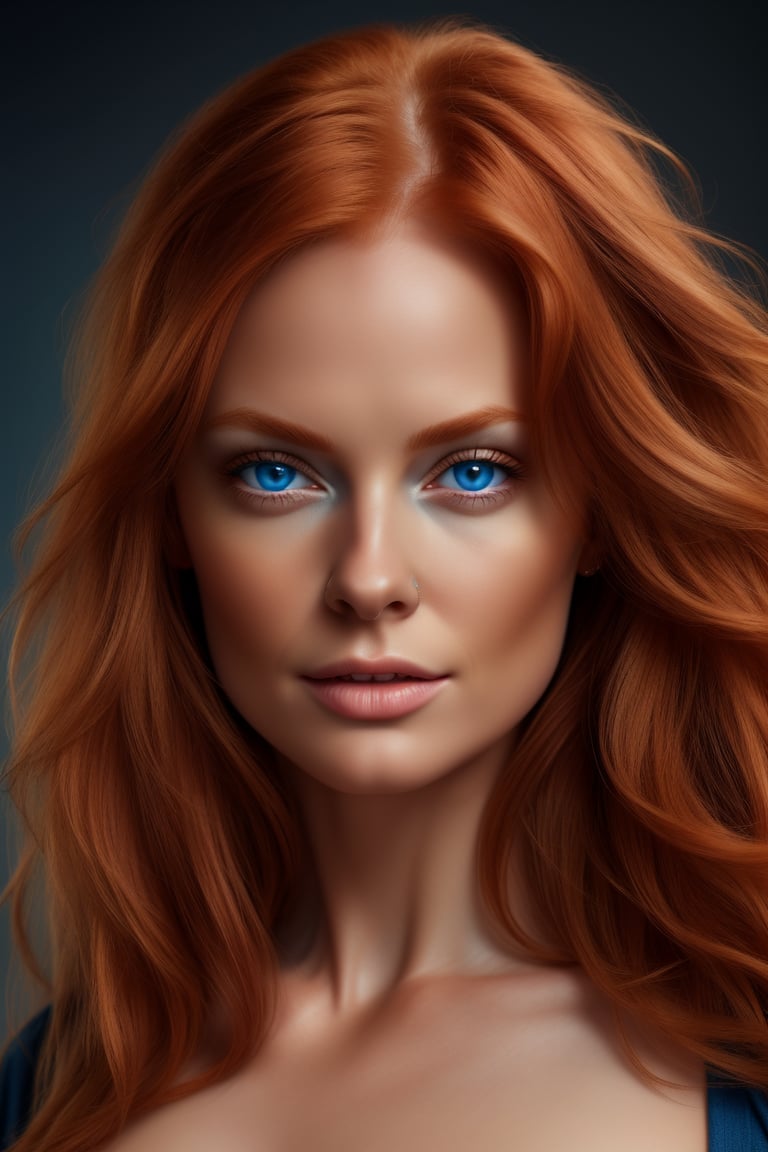 Hyper realistic UHD 4K image, photographic quality portrait of beautiful woman, redhead, long hair, blue eyes,Masterpiece