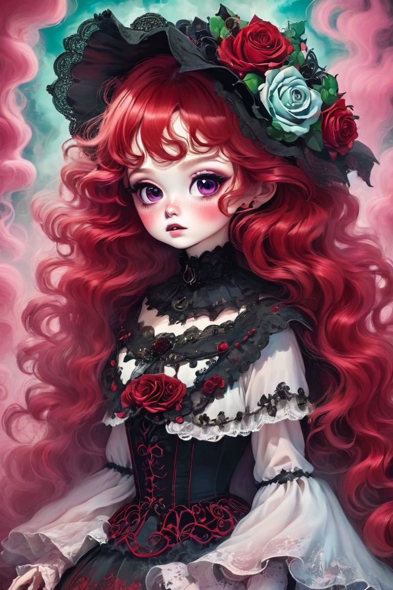 best quality,masterpiece：1.2,detailed details,Ghost doll girl,big eyes,small freckles, halloween costume,Red hair,Gothic,gothic victorian style, Dark, psychology, Surrealism, sublimation, subconsciousness, sentiment, enthusiasm, pink、White and red details, Rose background,Green smoke from hair, Blue smoke background, Soft red and blue light,