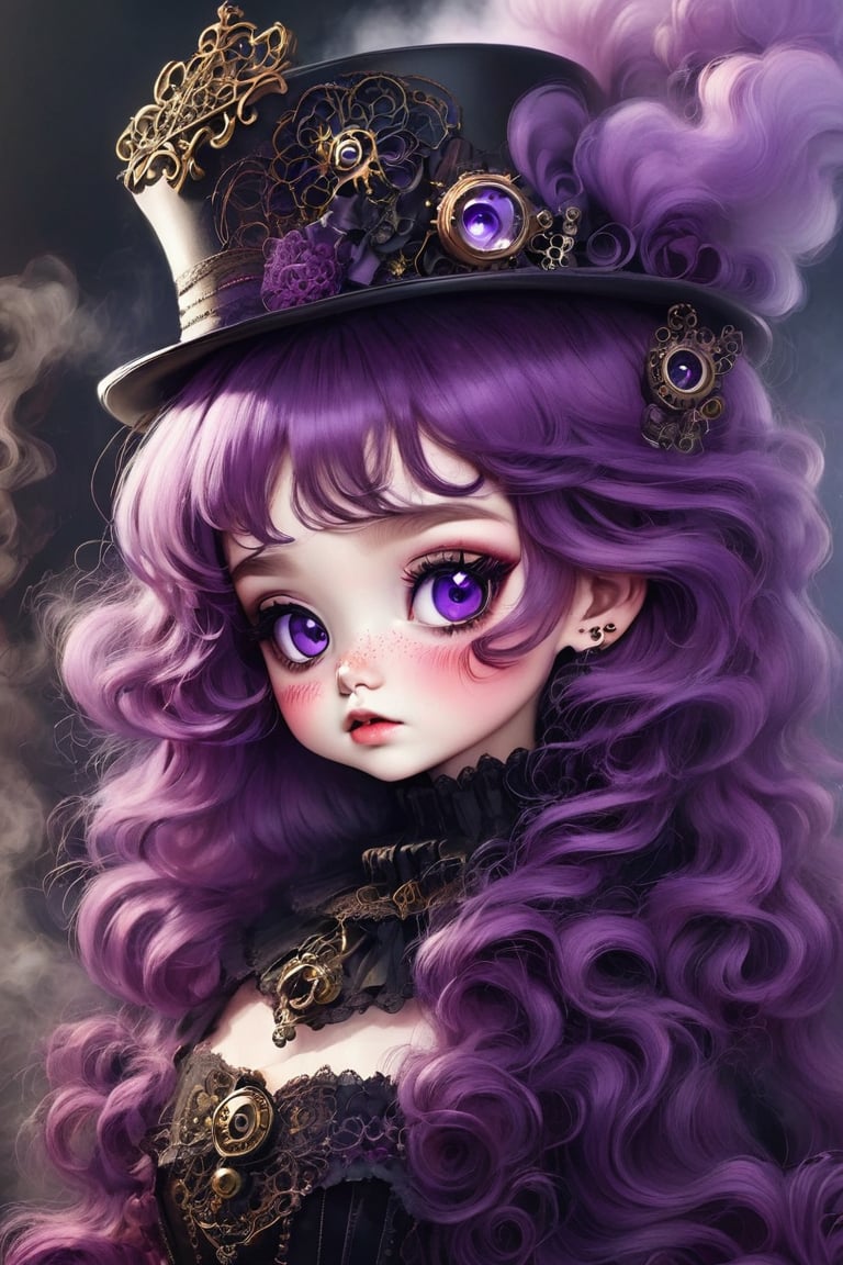 （best quality,masterpiece：1.2,detailed details）,（Weird doll girl,big eyes,small freckles, Fluffy purple hair）,（Dark Gothic,steampunk gothic victorian style）, Dark, swallowed by smoke