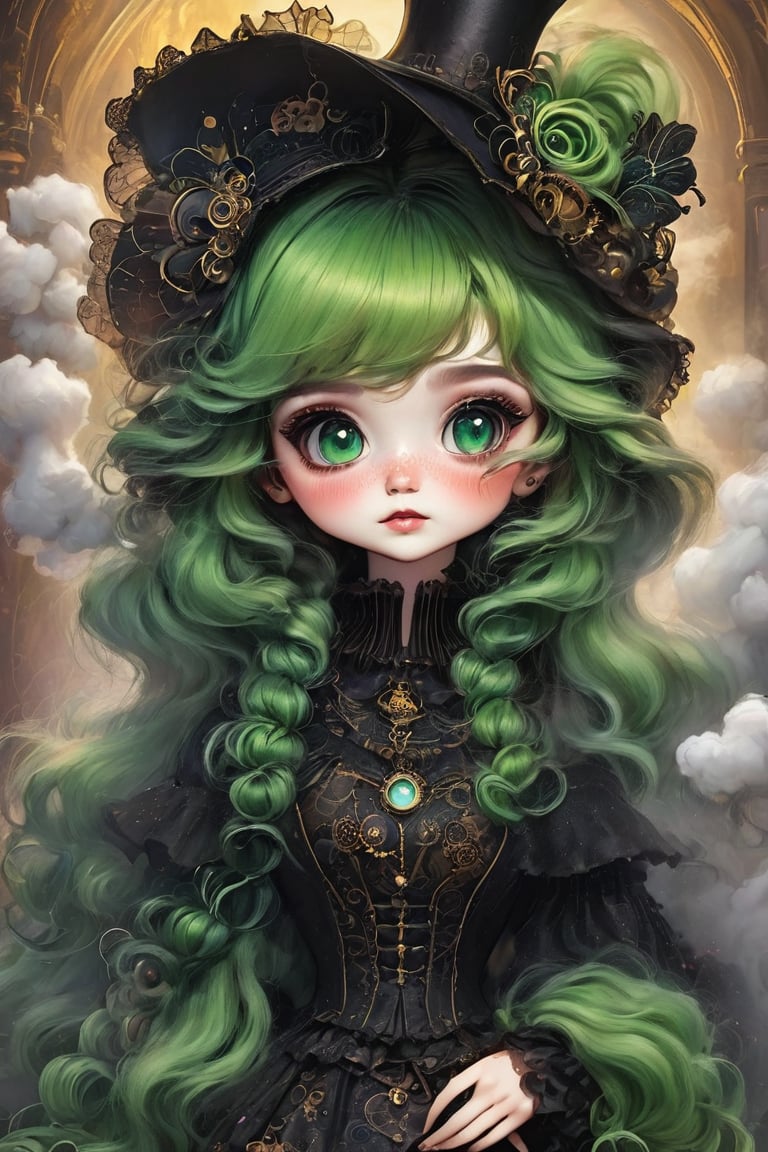 （best quality,masterpiece：1.2,detailed details）,（strange doll girl,big eyes,small freckles, Fluffy green hair,have）,（dark Gothic,steampunk gothic victorian style）, dark, engulfed in smoke