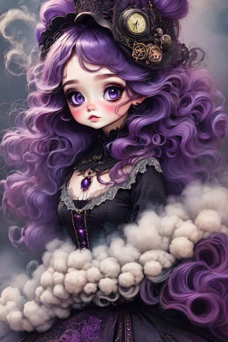 （best quality,masterpiece：1.2,detailed details）,（Weird doll girl,big eyes,small freckles, Fluffy purple hair）,（Dark Gothic,steampunk gothic victorian style）, Dark, swallowed by smoke